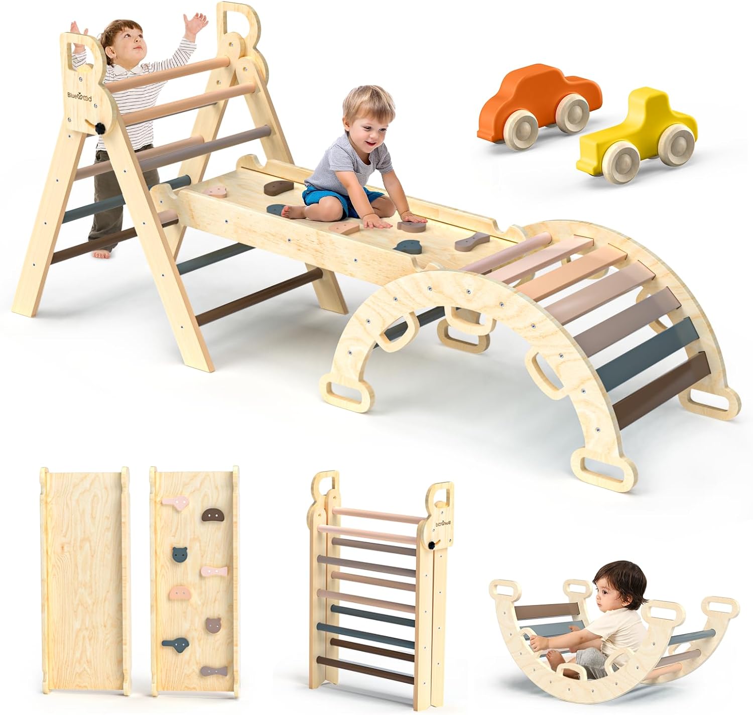 BlueWood 7-in-1 Foldable Pikler Triangle Set for Toddlers  C Wooden Montessori Climbing Toys with Slide, Arch & Ladder, Safe & Eco-Friendly Indoor Jungle Gym