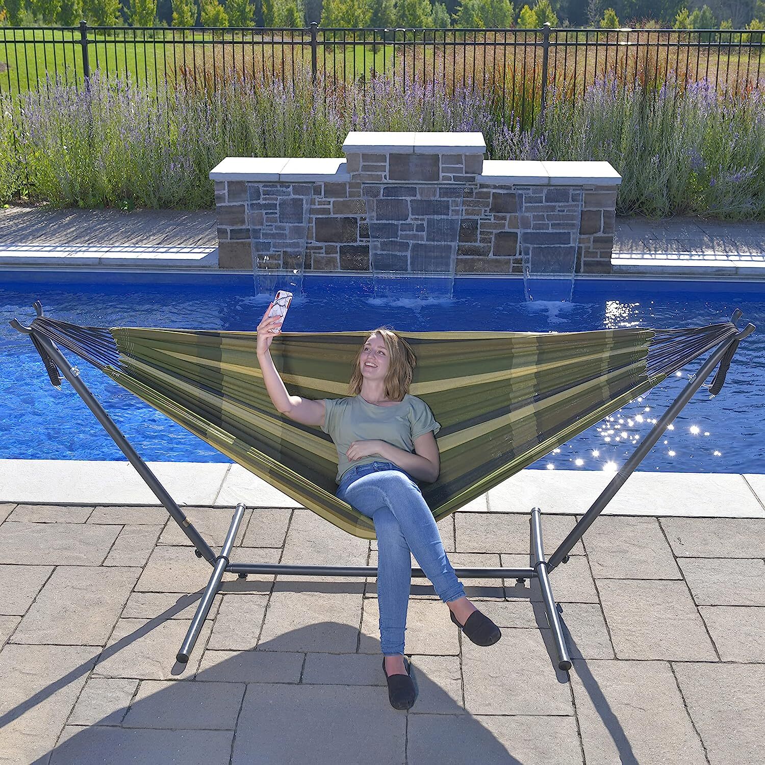 Vivere Double Cotton Hammock with Steel Stand, 450 lb Capacity, Tropical Colors, Includes Premium Carry Bag