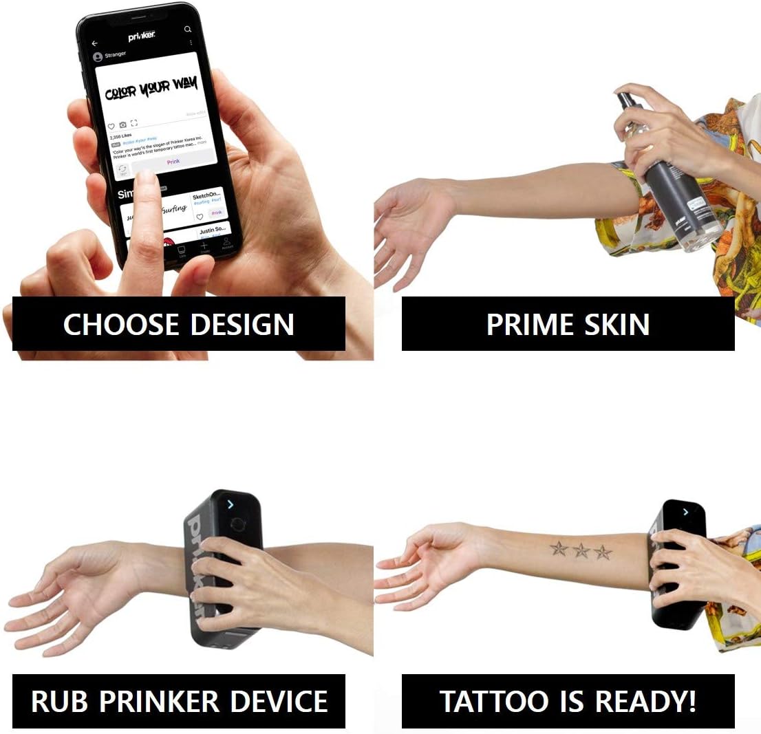 Prinker S Temporary Tattoo Device with Black Ink, Water-Resistant, Compatible with iOS & Android, Includes Battery & Charger