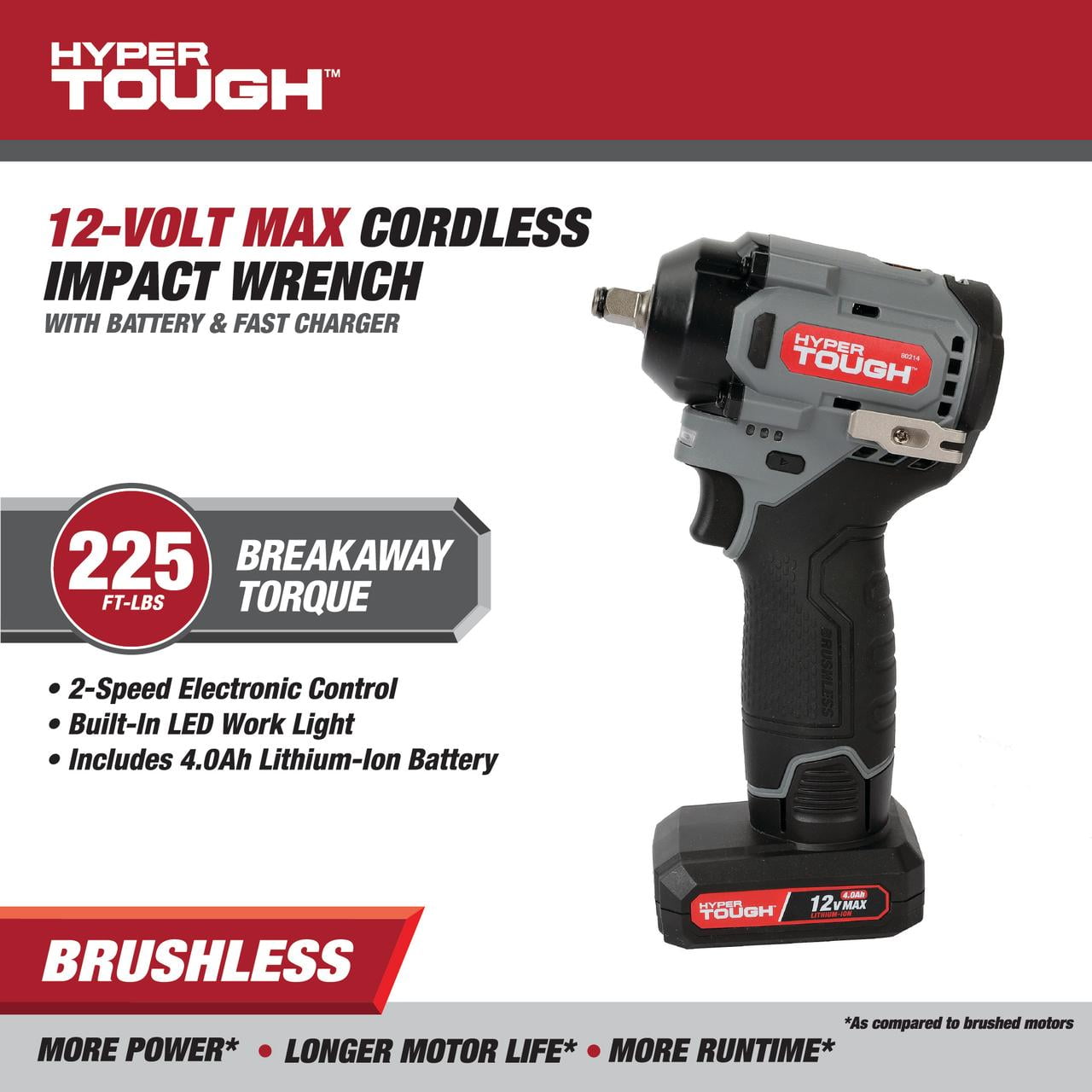 Hyper Tough 12V Cordless Brushless Impact Wrench, 225 ft-lbs Torque, 4.0Ah Battery & Charger Included, 3/8��� Drive