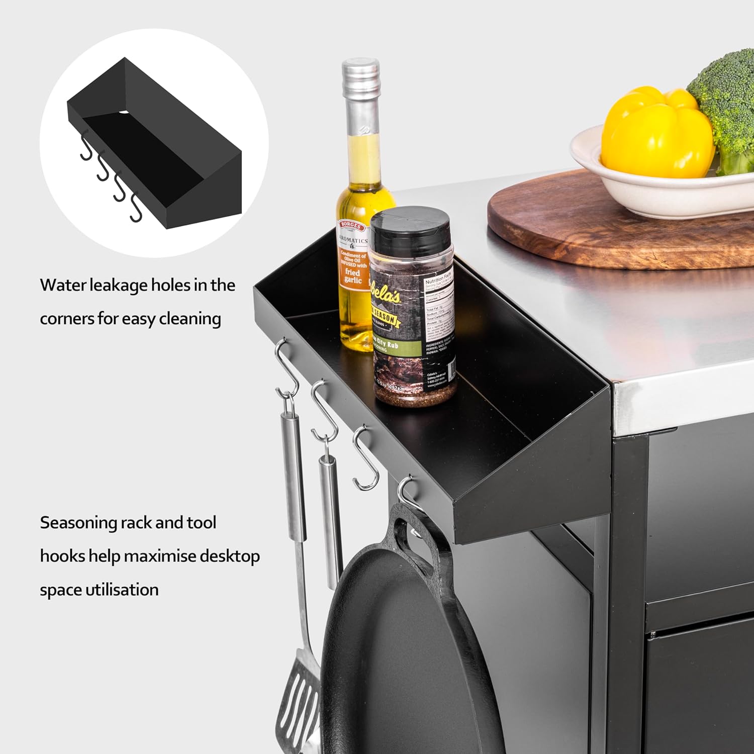 Grill Table Outdoor Kitchen Cabinet, Moveable Outdoor Prep Table & Bar for Storage, Grilling and Pizza Oven, Multifunctional Silver & Black