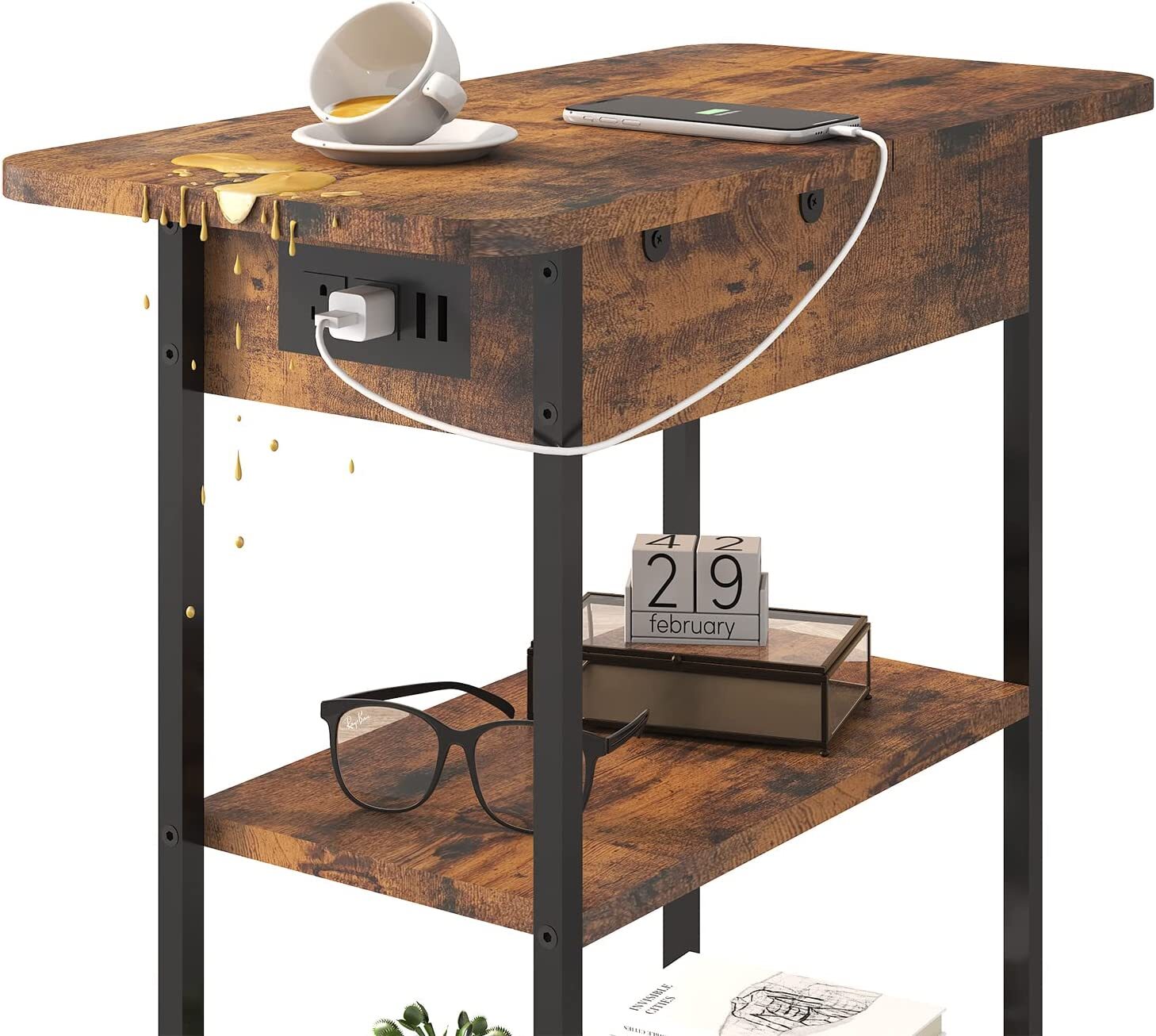 Flip Top End Table with Charging Station  C USB Ports & Outlets, Storage Shelf, Ideal for Living Room & Bedroom by [Brand Name]