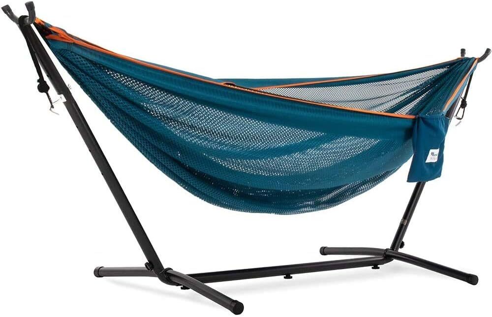 Vivere Double Cotton Hammock with Steel Stand, 450 lb Capacity, Tropical Colors, Includes Premium Carry Bag
