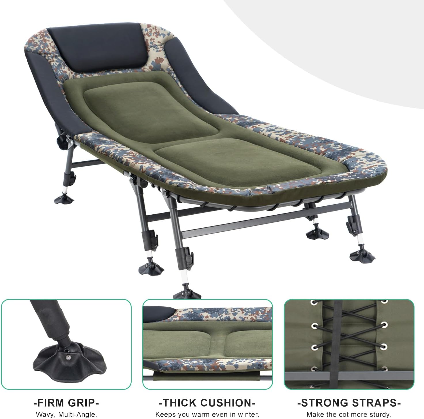 Camping Cots for Adults 330Lbs with Carry Bag, Heavy Duty Folding Bed with Soft Padded Cushion, Portable Military Cot for Hunting, 180�� Adjustable Reclining Outdoor Lounger