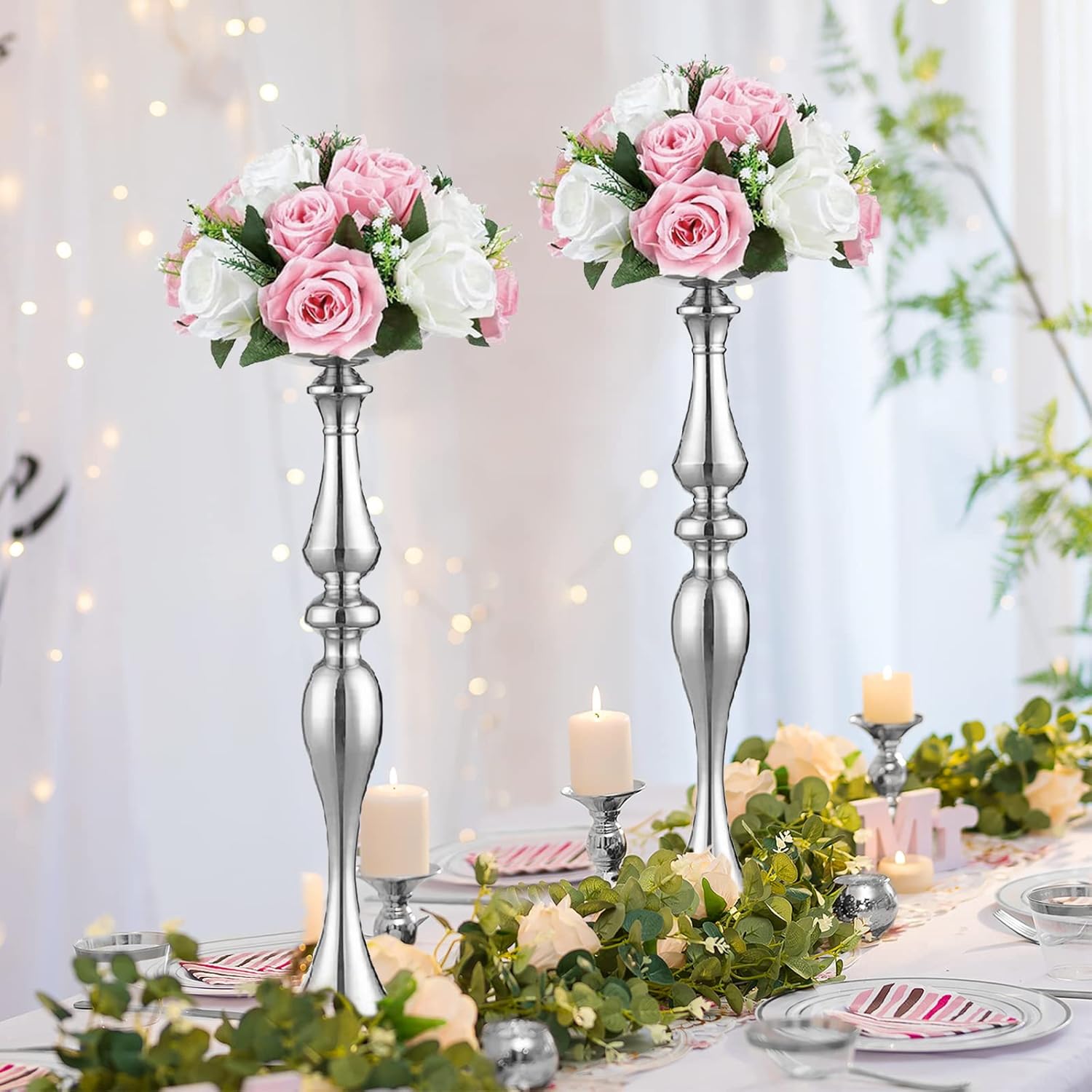 Elegant Silver Metal Wedding Centerpiece Stand 31.5     C Tall Tabletop Decor for Events & Parties