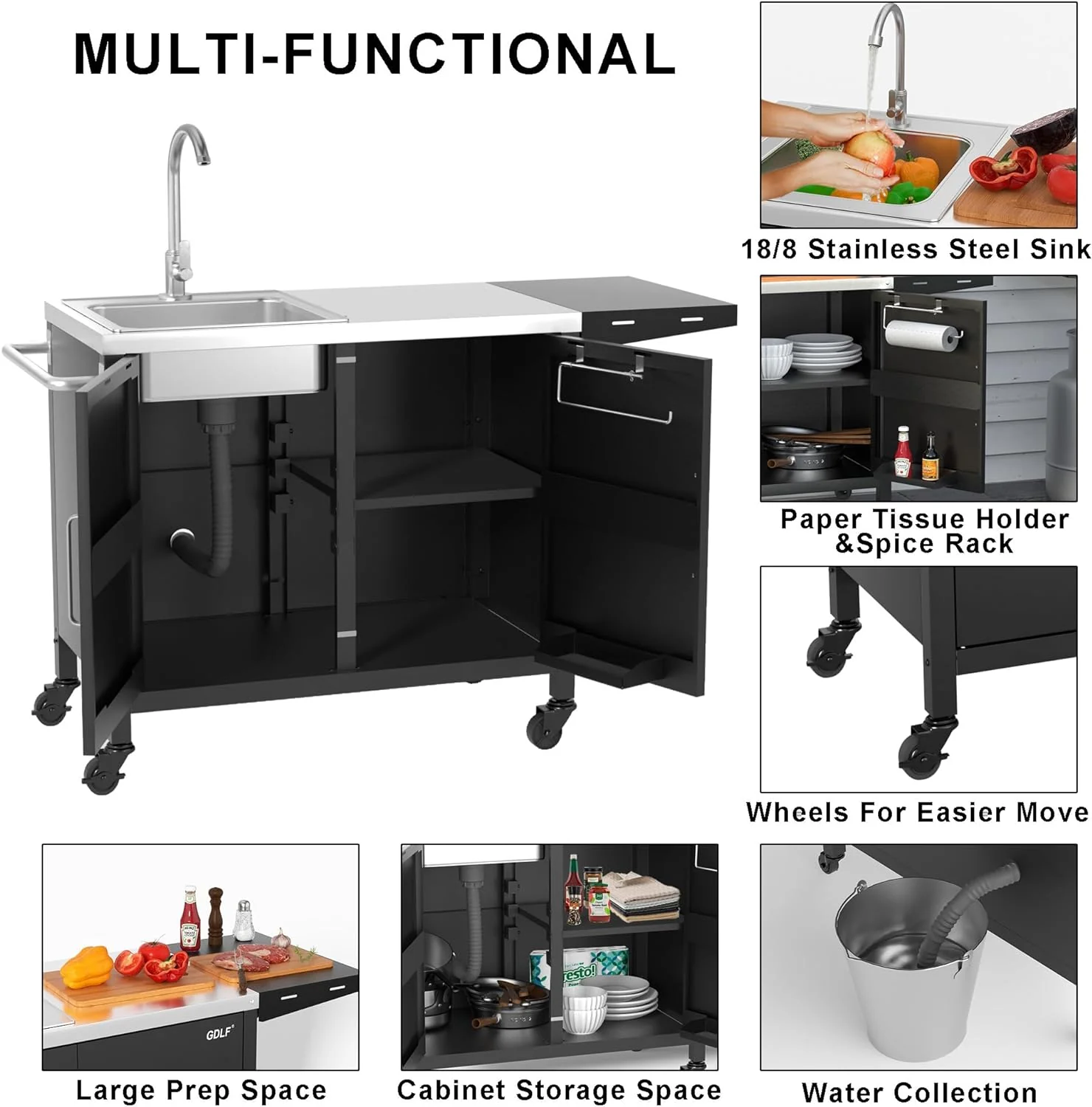 Outdoor Grill Table with Stainless Steel Sink - Metal Grill Cart Kitchen Island