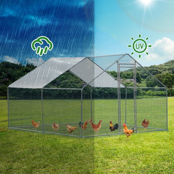 Al Fresco Large Metal Chicken Coop, Walkin Poultry Cage for Yard with Waterproof Cover, Peaked Roof for Hen House, Duck and Rabbit, Silver, 10 x 10 ft