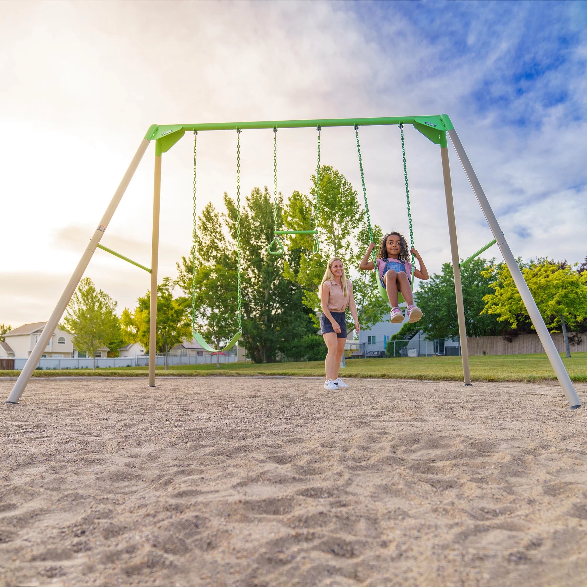 Lifetime Kid's Metal Swing Set with 2 Belt Swings and Trapeze Bar - 9 feet (91206)