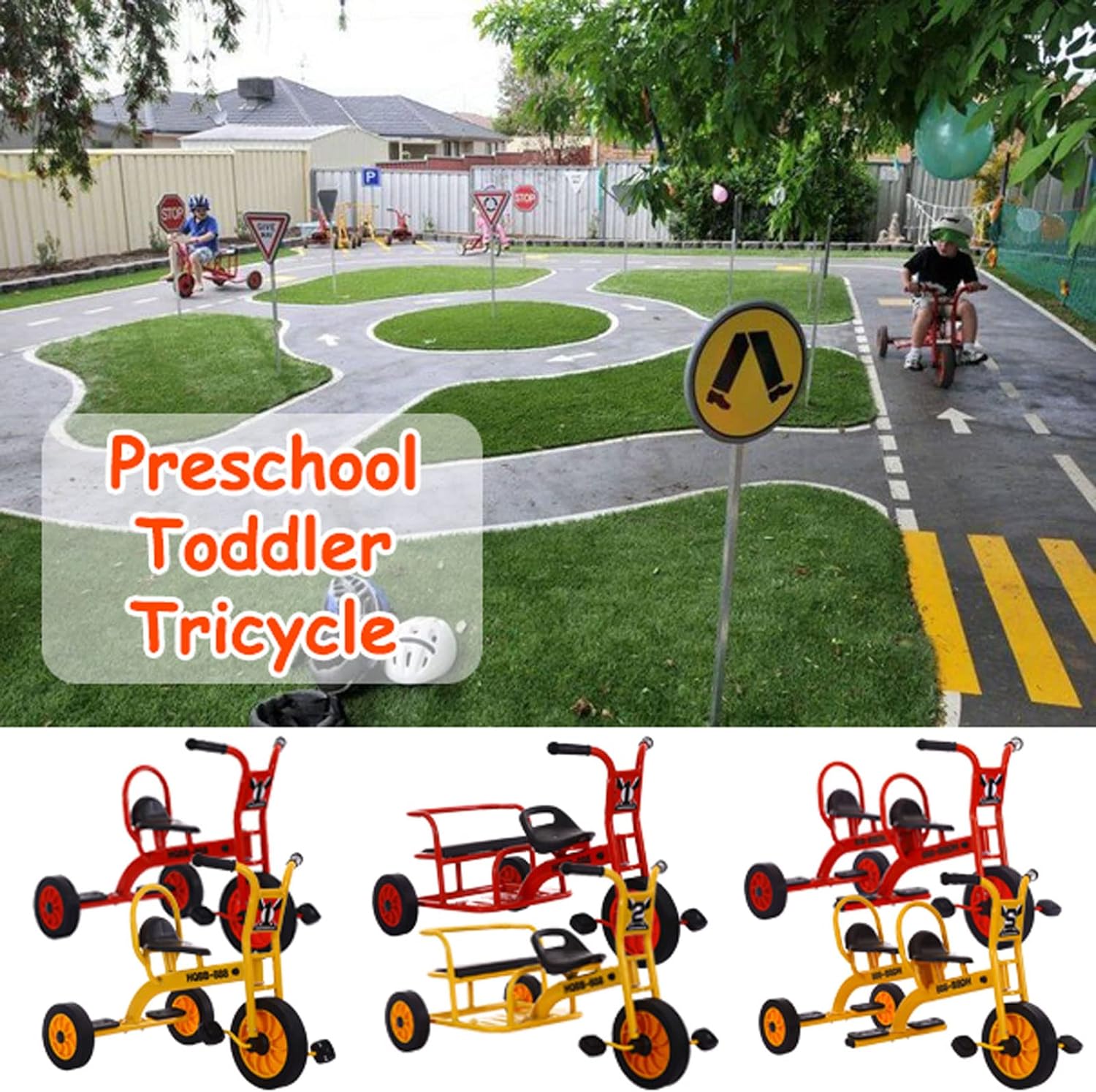 Kids Tricycle for Riders Ages 3+,Preschool Daycare Playground Kids Tricycle with Passenger Seat,Big Kids Tandem Trike with Inflation-Free Rubber Wheels,Kids Outdoor Play Equipment