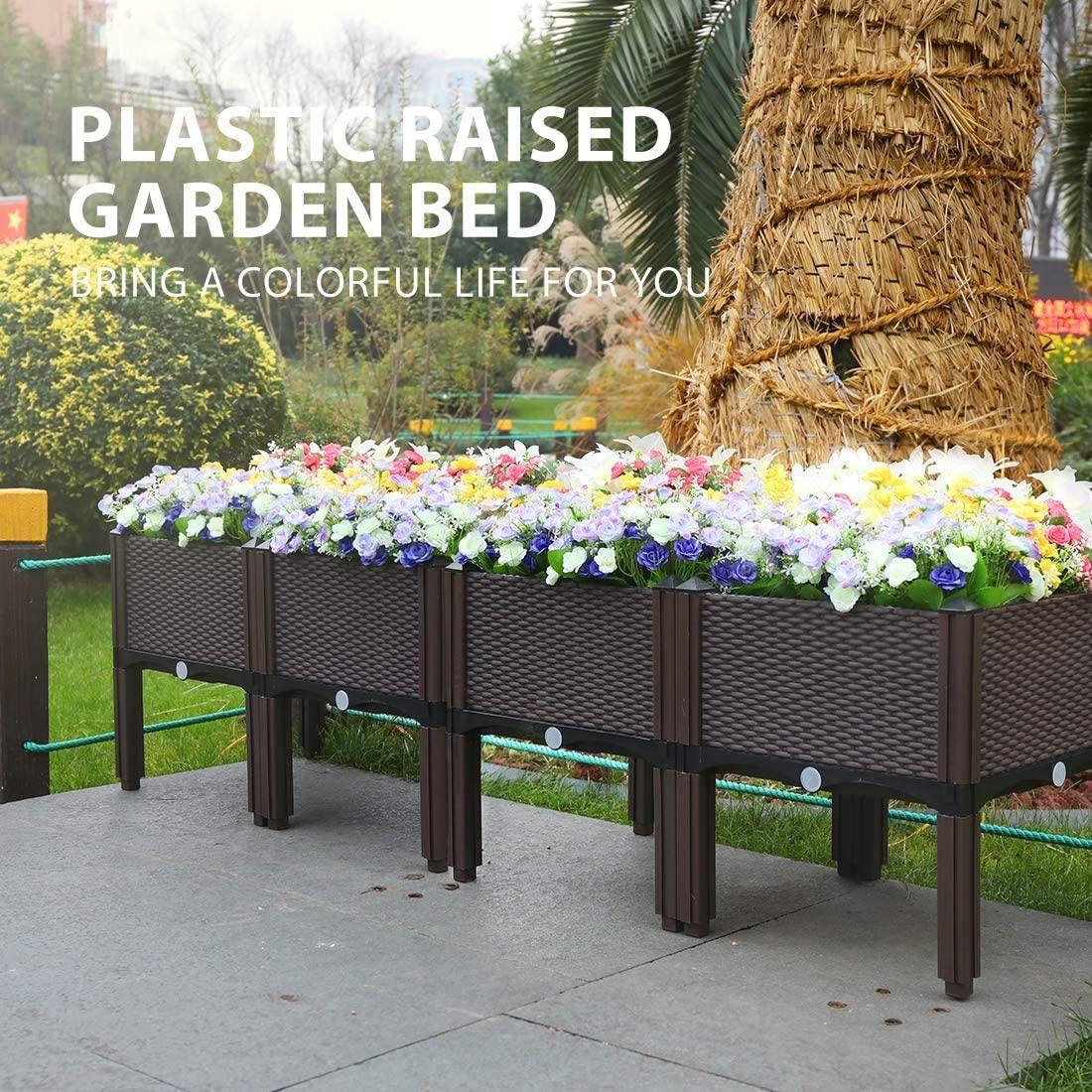 Premium Raised Garden Bed Planter Kit by Elevated �C Set of 4, Self-Watering, Reinforced PP, Rattan Pattern, 19.5���x19.5���, Brown