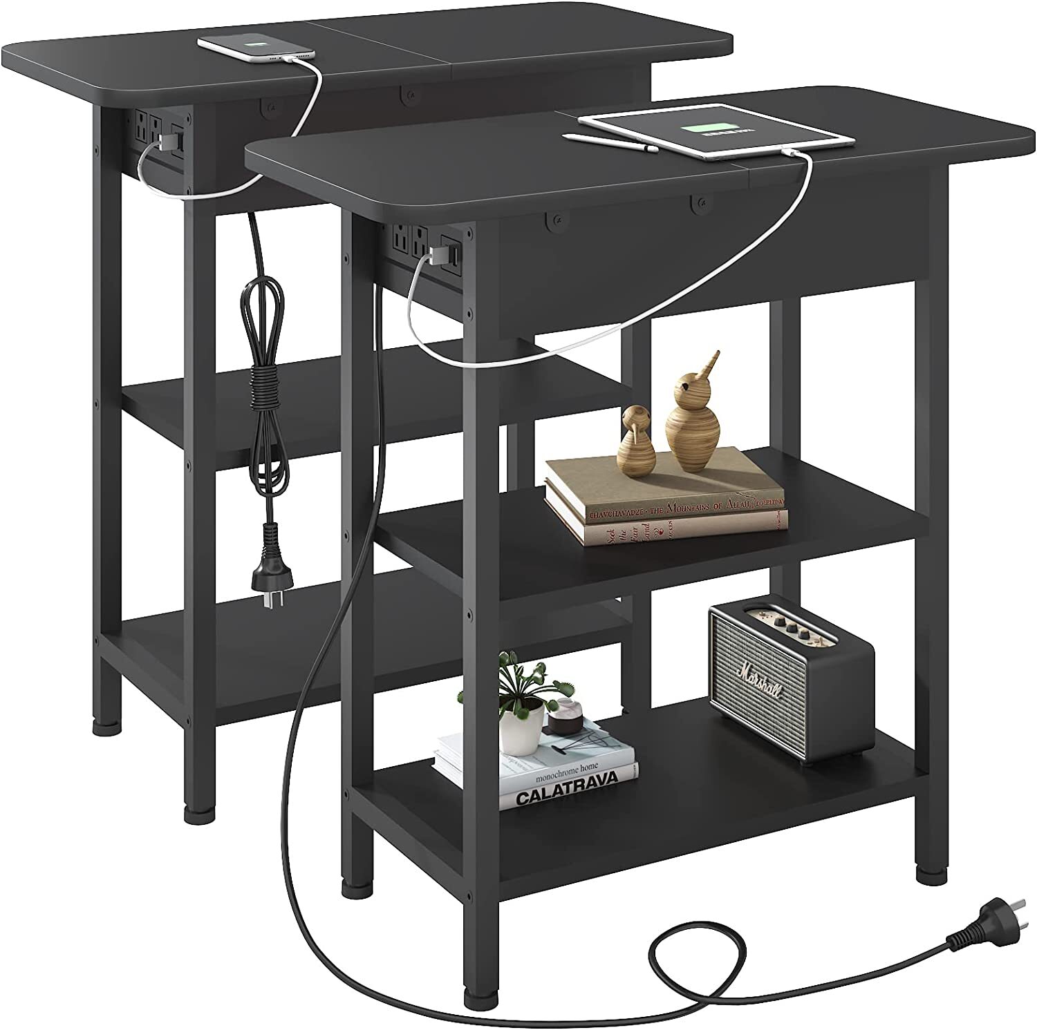 Flip Top End Table with Charging Station  C USB Ports & Outlets, Storage Shelf, Ideal for Living Room & Bedroom by [Brand Name]