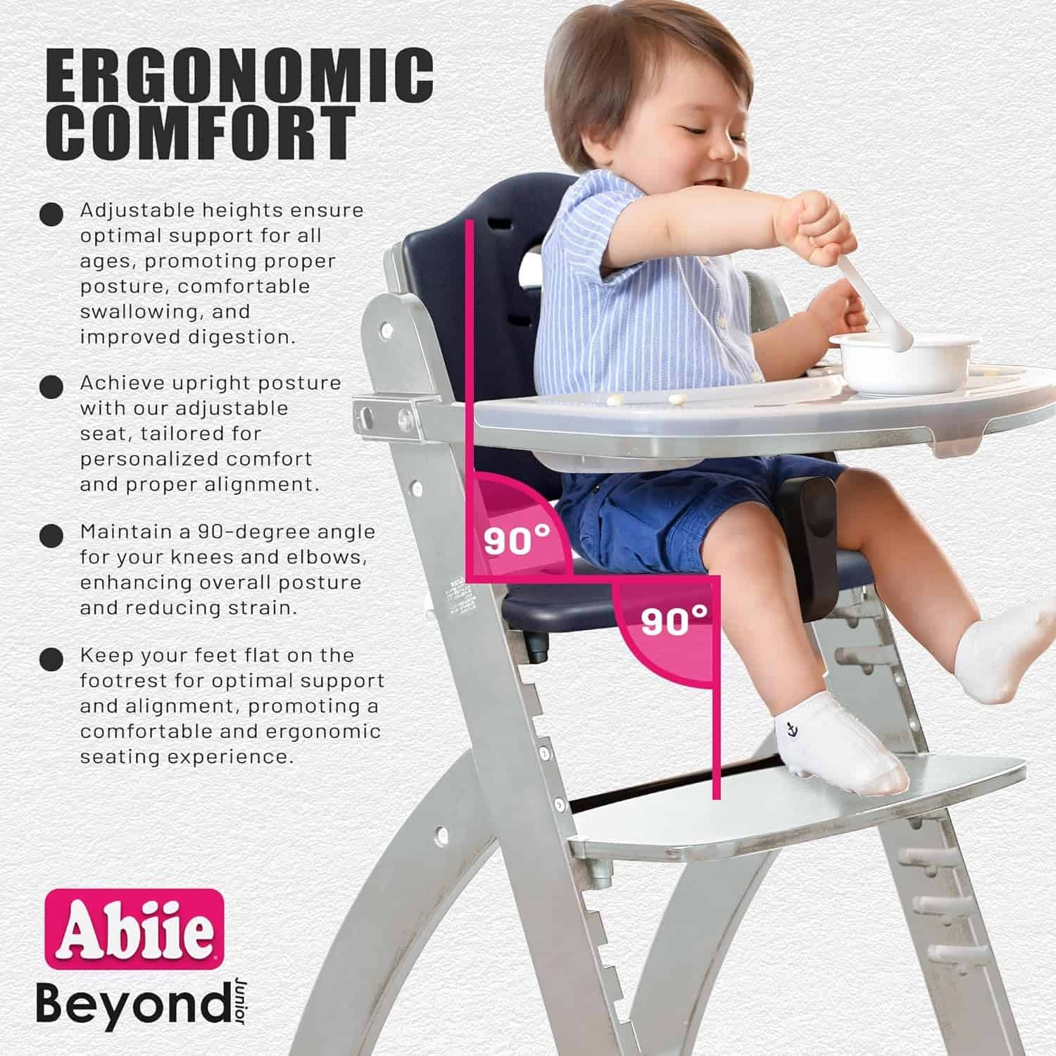Abiie Beyond Junior Wooden High Chair with Tray. The Perfect Adjustable Baby Highchair Solution Natural Wood/Black Cushion