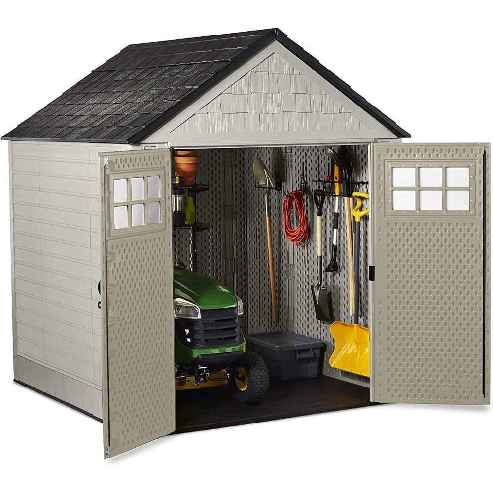g Rubbermaid 7��7 Ft Durable Weather Resistant Resin Outdoor Garden Storage Shed with Windows and Utility Hooks, Sand