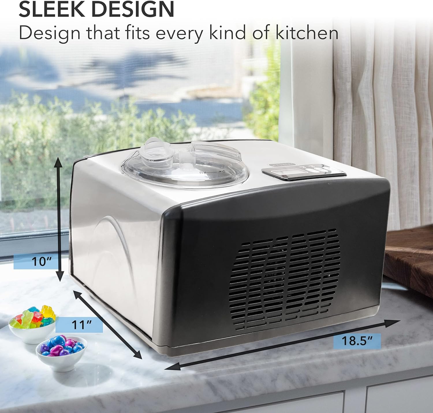 Automatic Ice Cream Maker 1.6 Quart Capacity Stainless Steel, with Built-in Compressor, no pre-Freezing, LCD Digital Display, Timer, One Size, Black