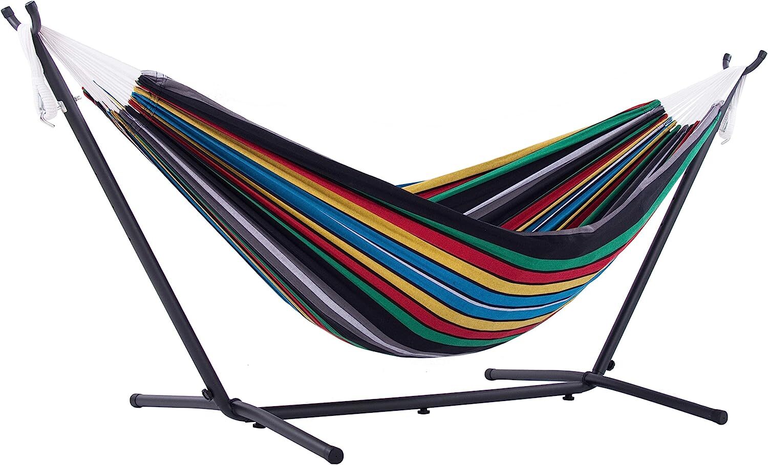 Vivere Double Cotton Hammock with Steel Stand, 450 lb Capacity, Tropical Colors, Includes Premium Carry Bag