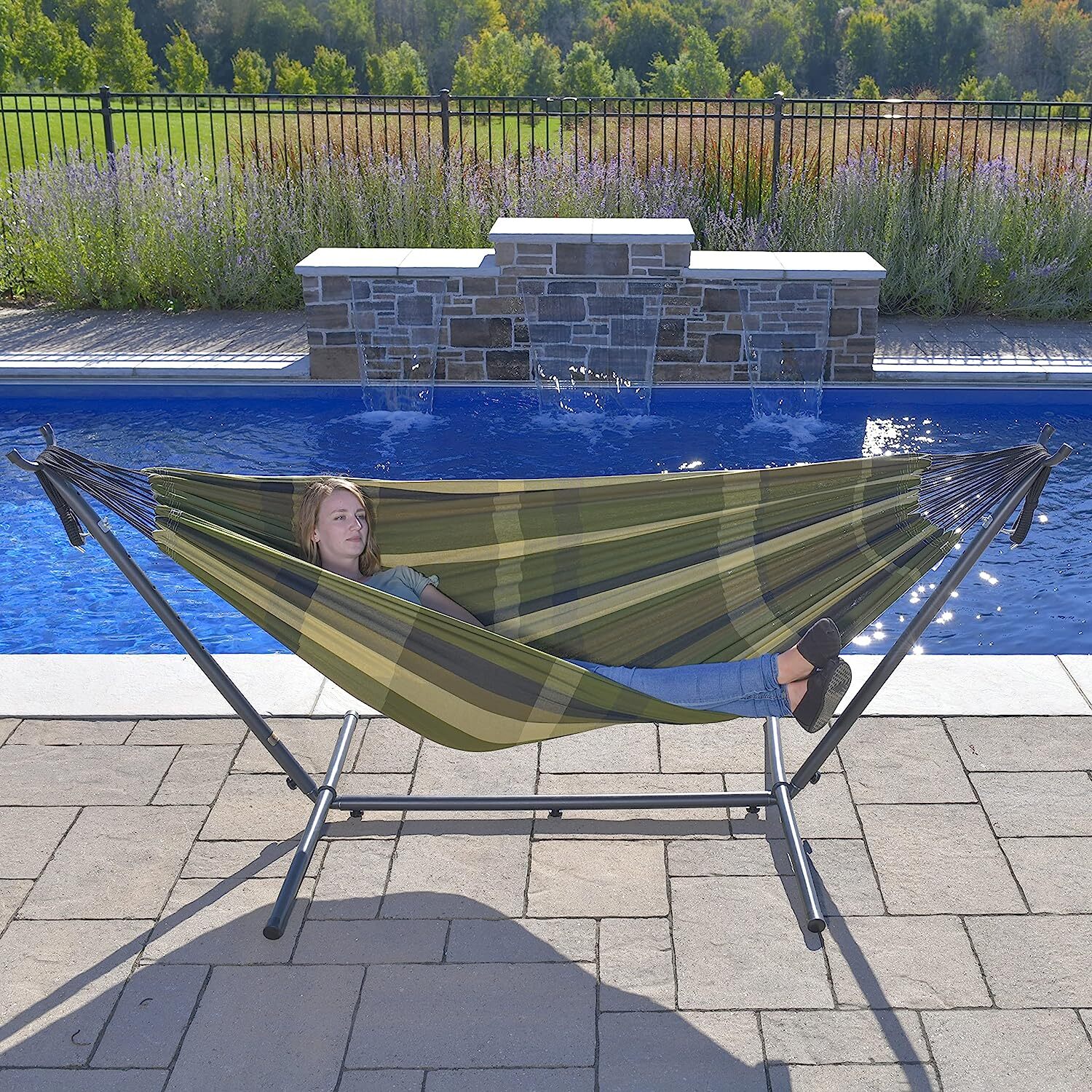 Vivere Double Cotton Hammock with Steel Stand, 450 lb Capacity, Tropical Colors, Includes Premium Carry Bag