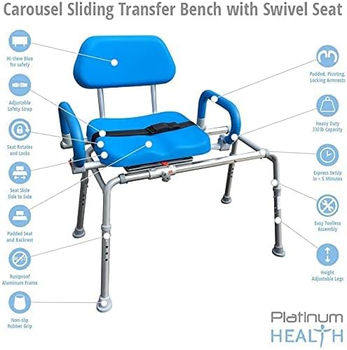 Platinum Health Carousel Sliding Shower Chair, Blue  C Swivel Seat, Padded Arms, Adjustable Transfer Bench for Seniors & Handicap