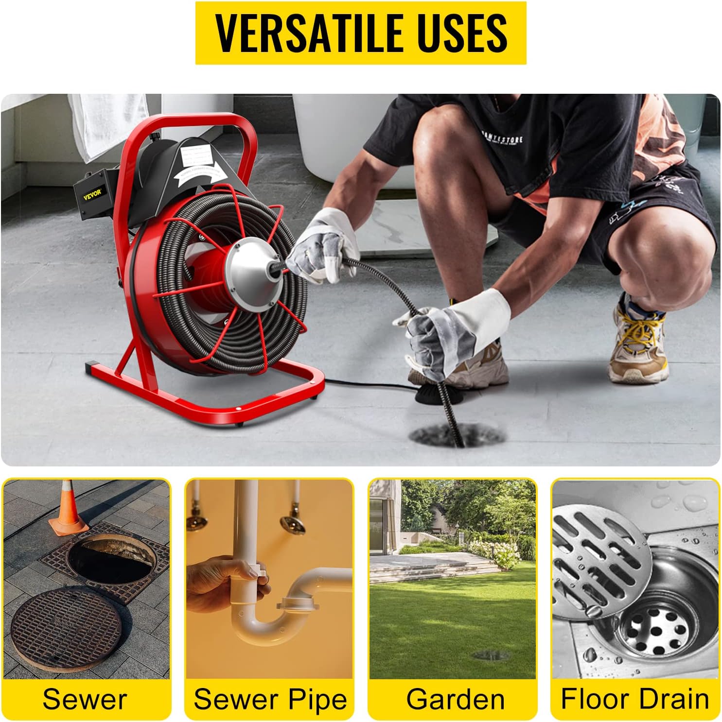 Drain Cleaner Machine, 75 Ft x 3/8 Inch Drain Cleaning Machine Fits 1 to 4 Inch Pipes, Portable Drain Auger Cleaner with 4 Cutters, Electric Drain Clog Remover Plumbing Tool