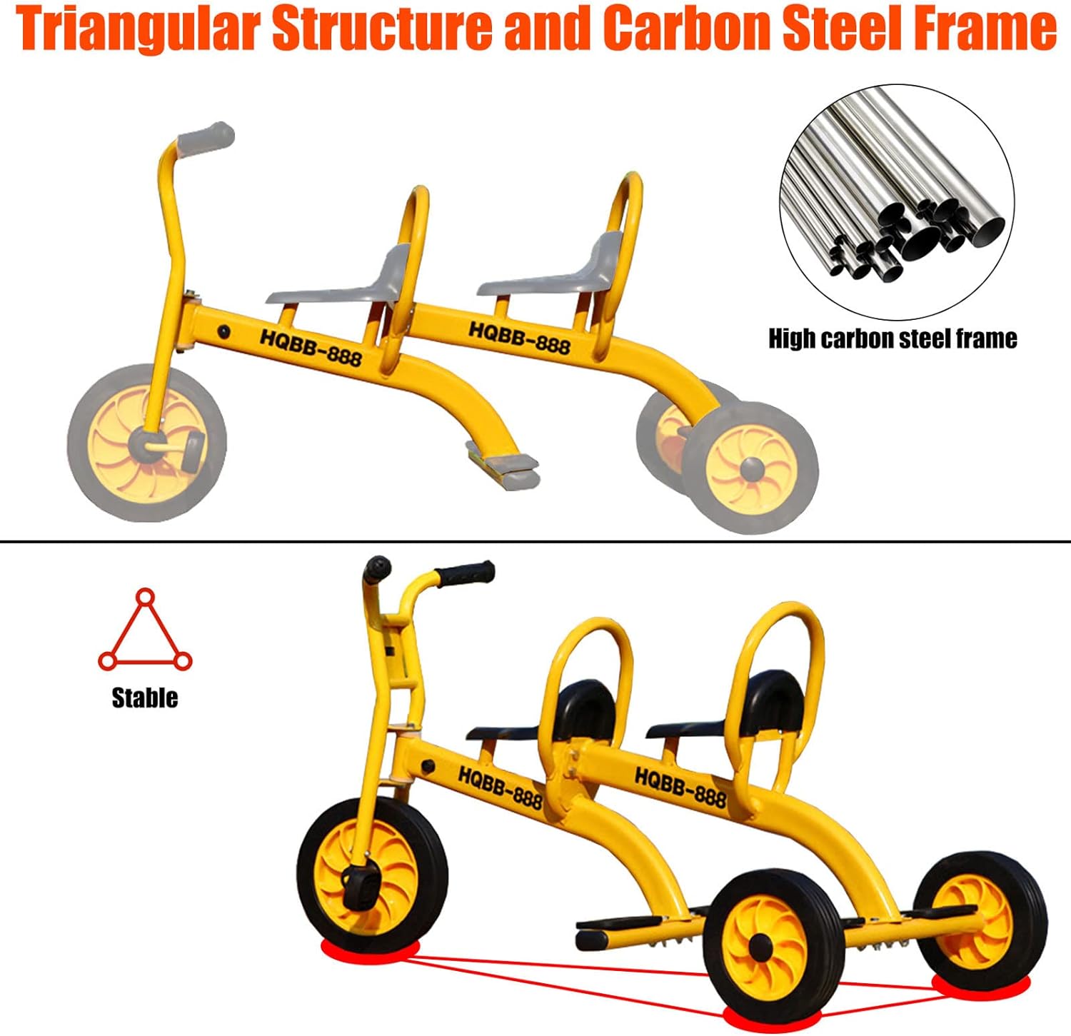 Double Seat Tandem Tricycle for Kids Ages 3-8, Carbon Steel Frame, Inflation-Free Rubber Wheels, Outdoor Play Equipment