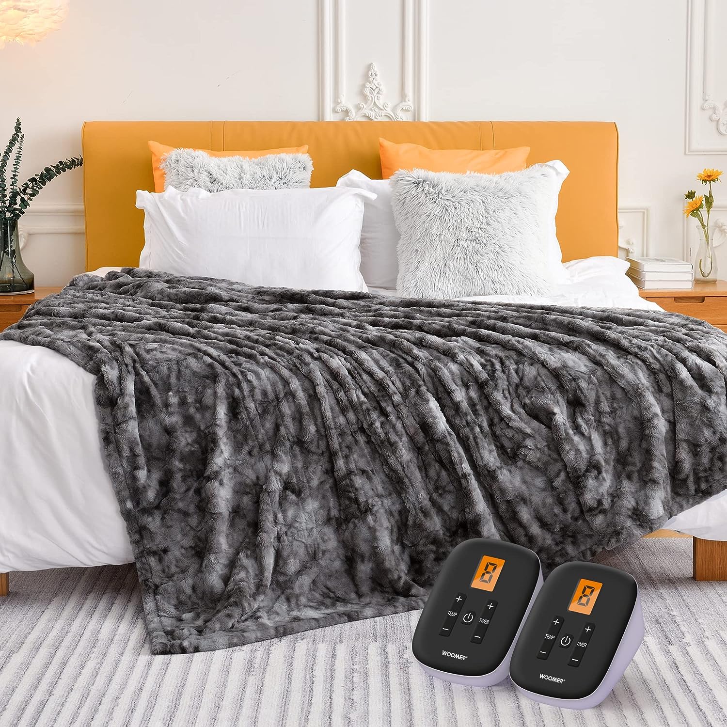 WOOMER King Size Heated Blanket, Faux Fur, Dual Controllers, ETL Certified, 90   x100   , Marble Grey