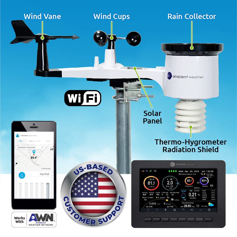 Ambient Weather WS-2000 Solar-Powered Smart Weather Station with WiFi, TFT Display, and Remote Monitoring