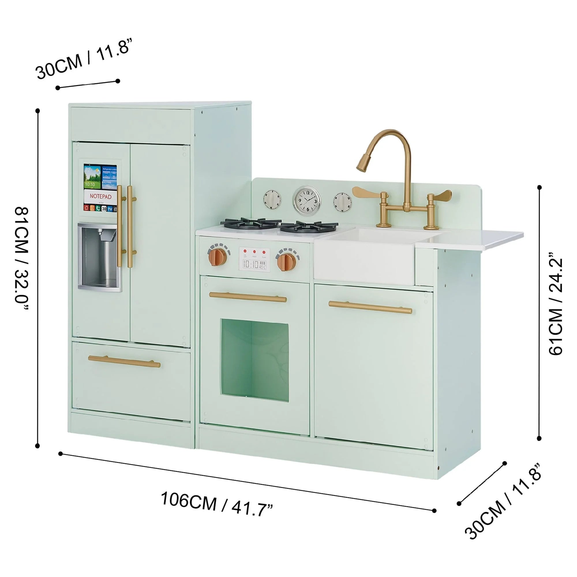 Teamson Kids Little Chef Charlotte Modern Play Kitchen with Free-Standing Refrigerator, Separate Kitchenette Unit, & Interactive Features, Mint