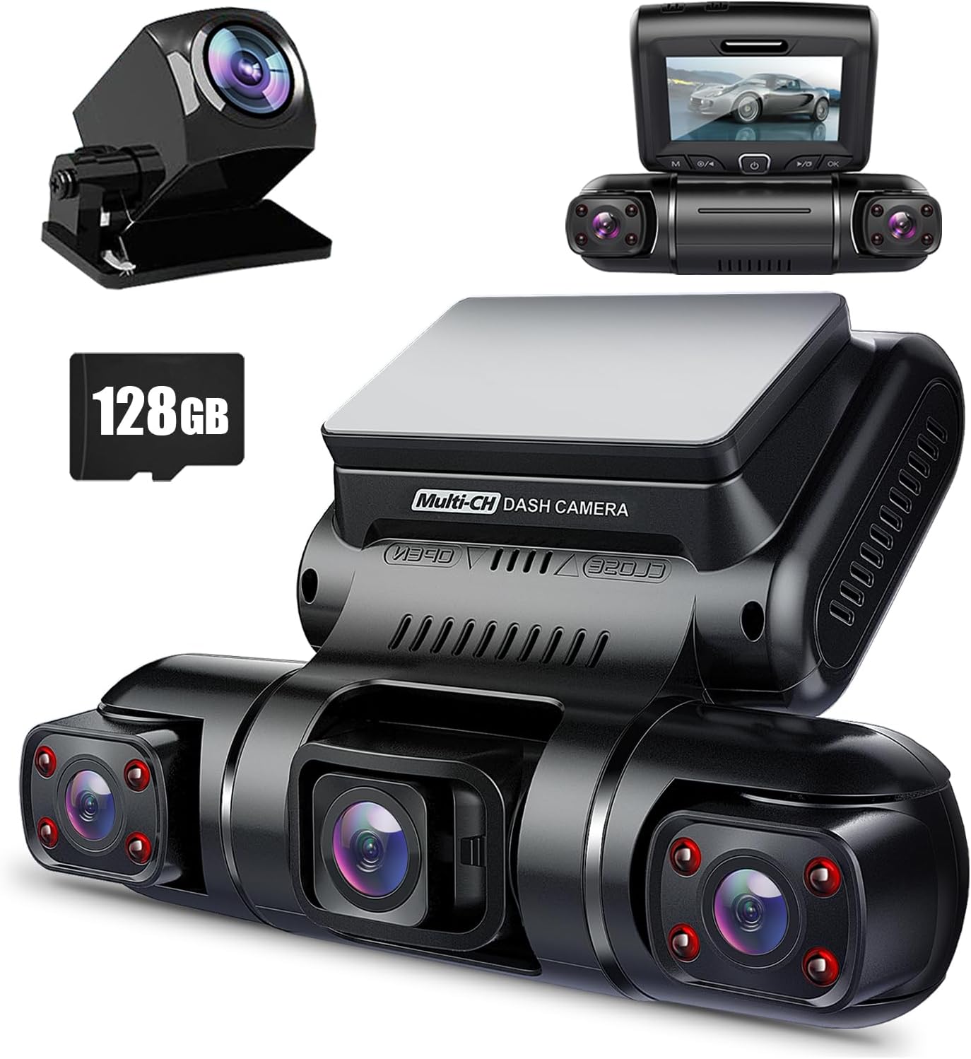Dash Cam, 4 Channel Dash Camera FHD 1080Px4, Front, Left, Right and Rear, Front and Rear Inside, Built in GPS WiFi, 256 GB Max, Free 128GB Card, D90-4CH-128GB