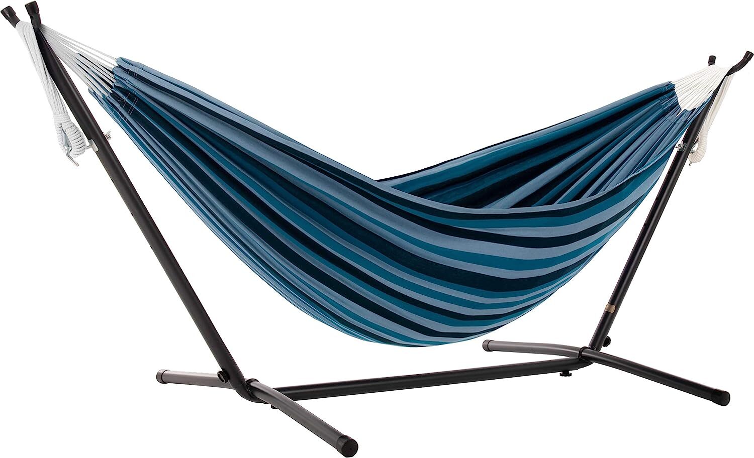Vivere Double Cotton Hammock with Steel Stand, 450 lb Capacity, Tropical Colors, Includes Premium Carry Bag