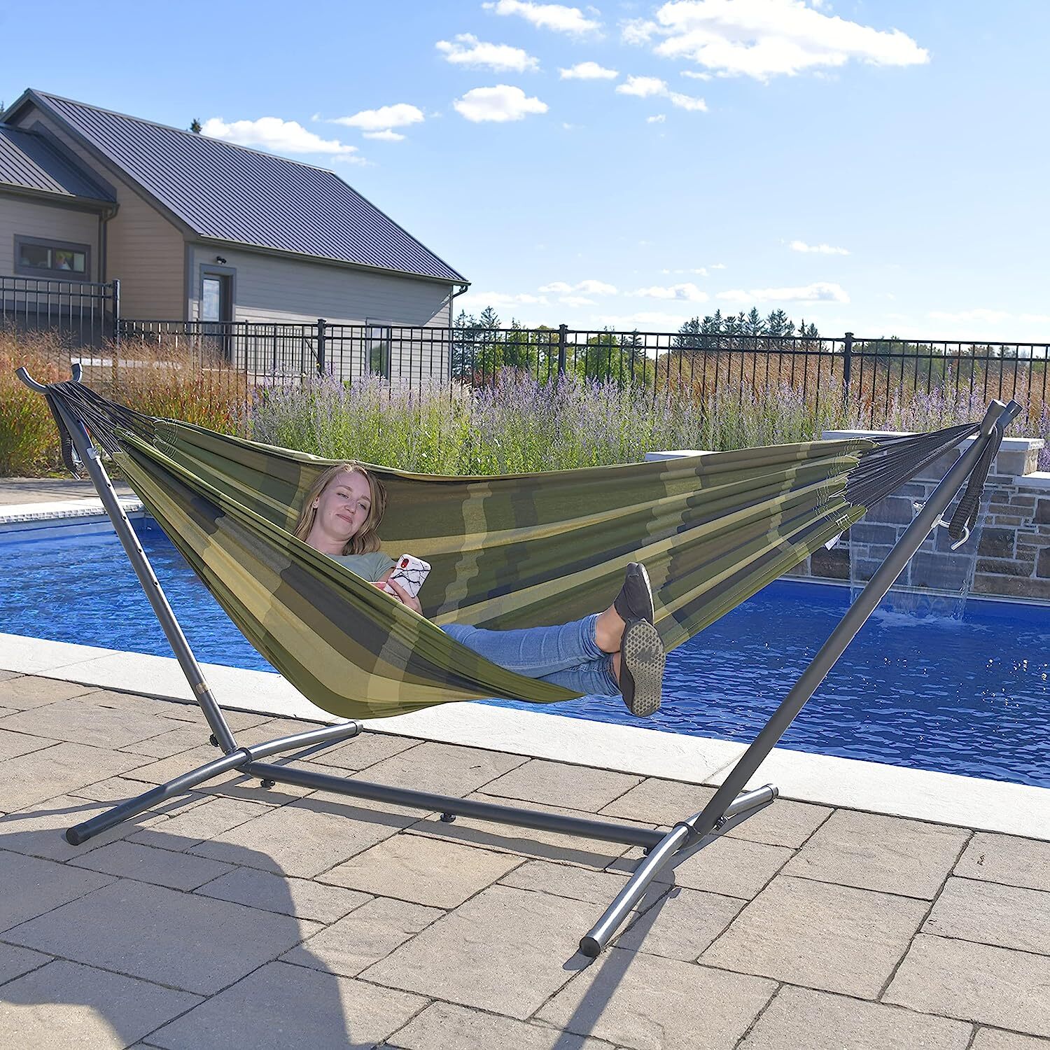 Vivere Double Cotton Hammock with Steel Stand, 450 lb Capacity, Tropical Colors, Includes Premium Carry Bag