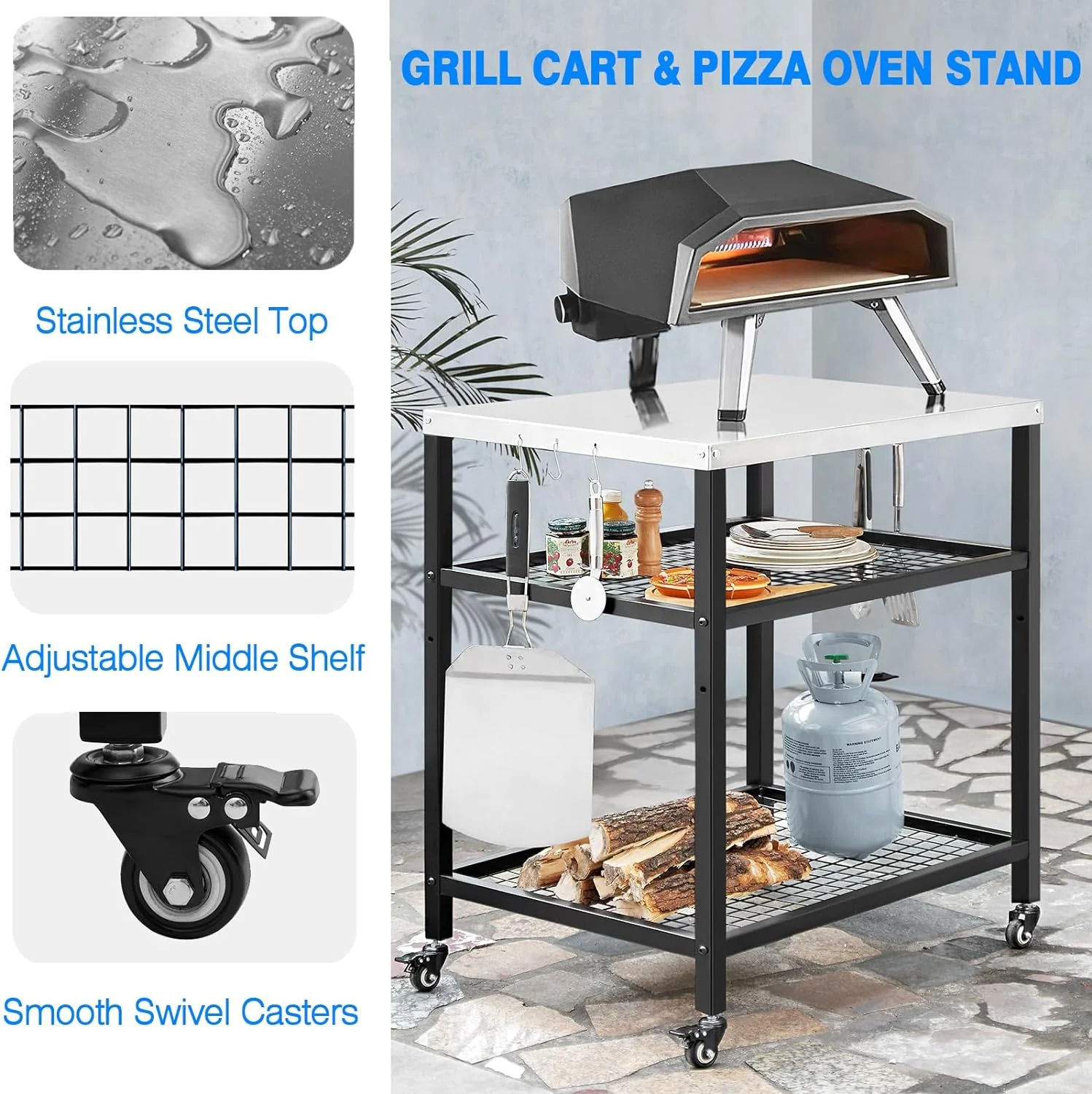 Stainless Steel Grill Cart - Pizza Oven Stand with Wheels, Three-Shelf Outdoor Trolley