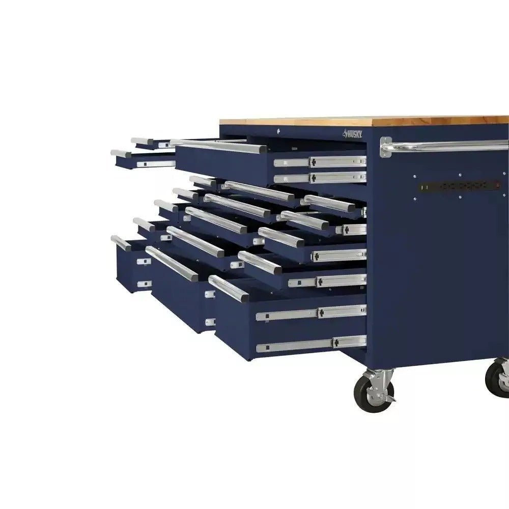 72 in. 18-Drawer Mobile Workbench with Solid Wood Top in Gloss Blue