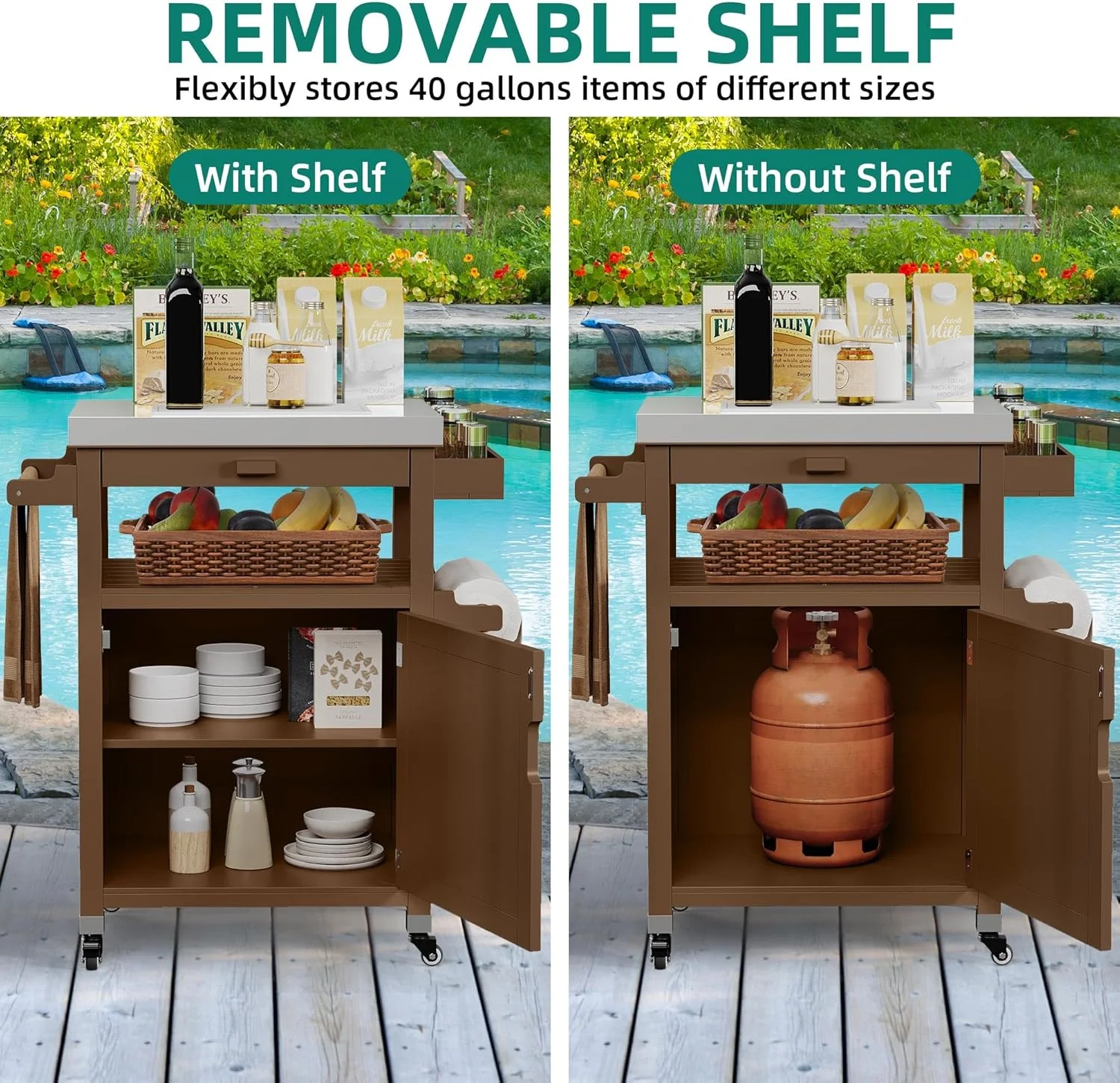 Solid Wood Outdoor Grill Cart with Stainless Steel Top, Brown