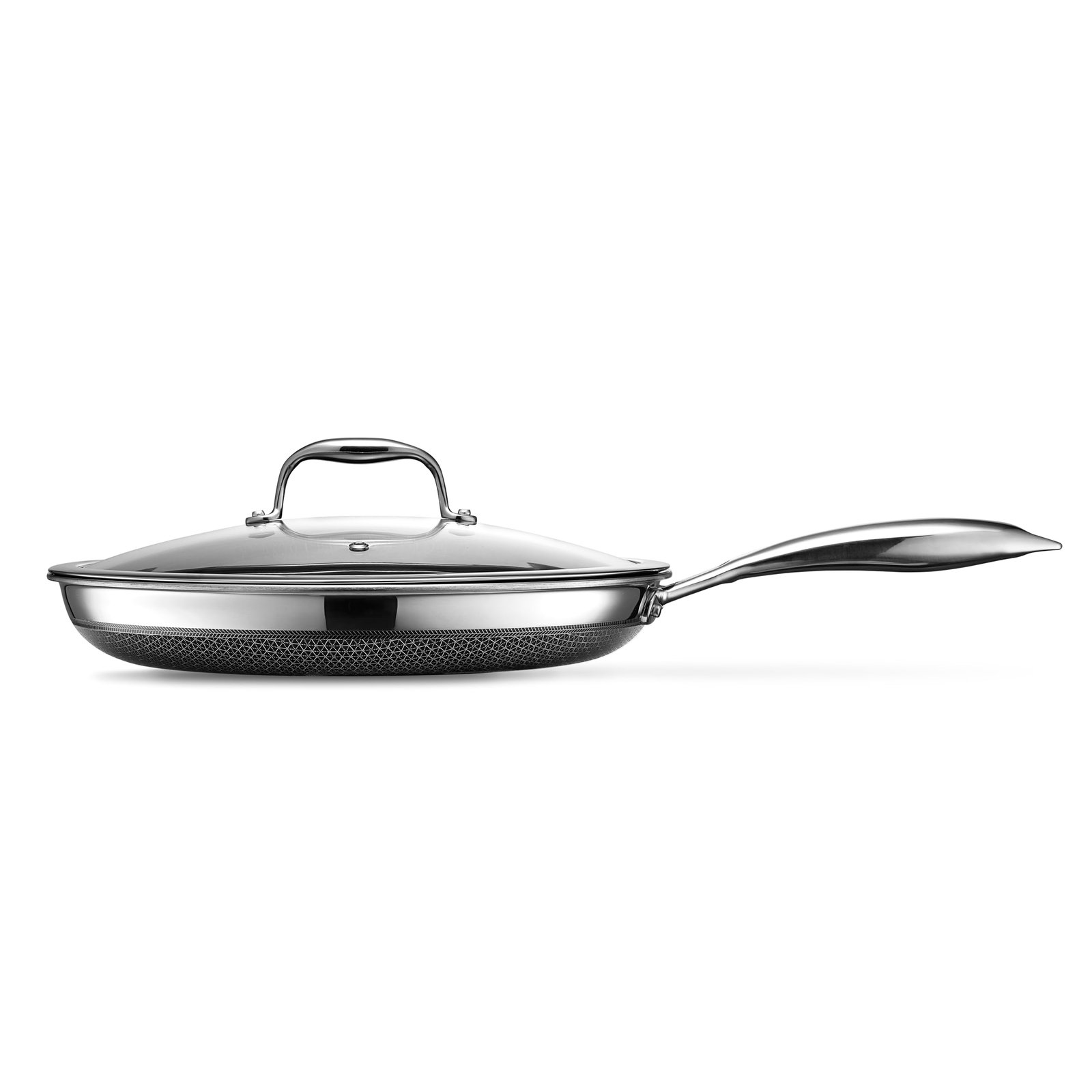 HexClad Hybrid Nonstick 12-Inch Fry Pan with Tempered Glass Lid, Stay-Cool Handle, Dishwasher and Oven Safe