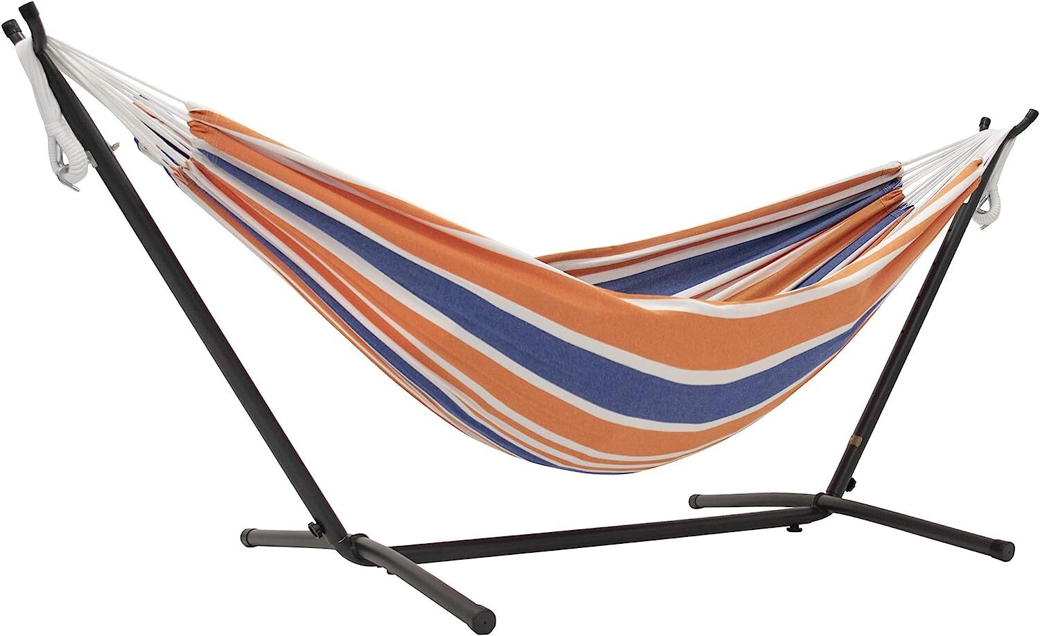 Vivere Double Cotton Hammock with Steel Stand, 450 lb Capacity, Tropical Colors, Includes Premium Carry Bag
