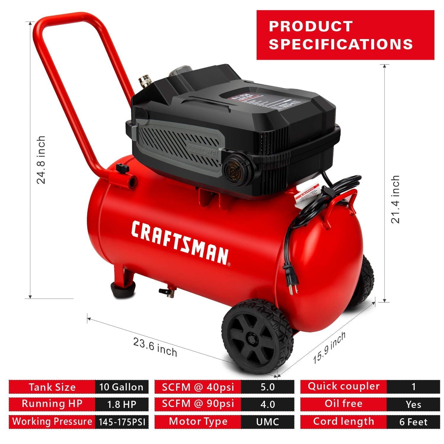 CRAFTSMAN HARD Air Compressor, 10 Gallon 1.8 HP 175 PSI, 4.0CFM@90PSI, Oil Free and Maintenance Free, Portable with Large Wheels, CMXECXA0201041