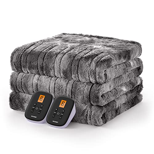 WOOMER King Size Heated Blanket, Faux Fur, Dual Controllers, ETL Certified, 90   x100   , Marble Grey