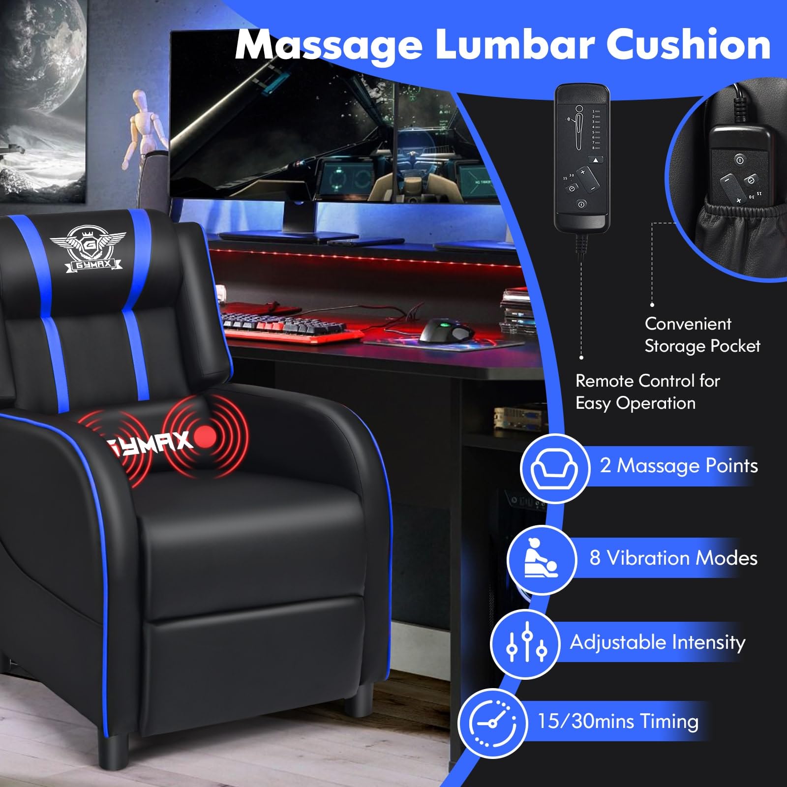 GYMAX Gaming Recliner, Massage Gaming Chair w/Adjustable Footrest, Remote Control & Side Pocket, Ergonomic Game Lounge Chair, Racing Style Single Theater Seat Game Sofa for Adults (Blue)