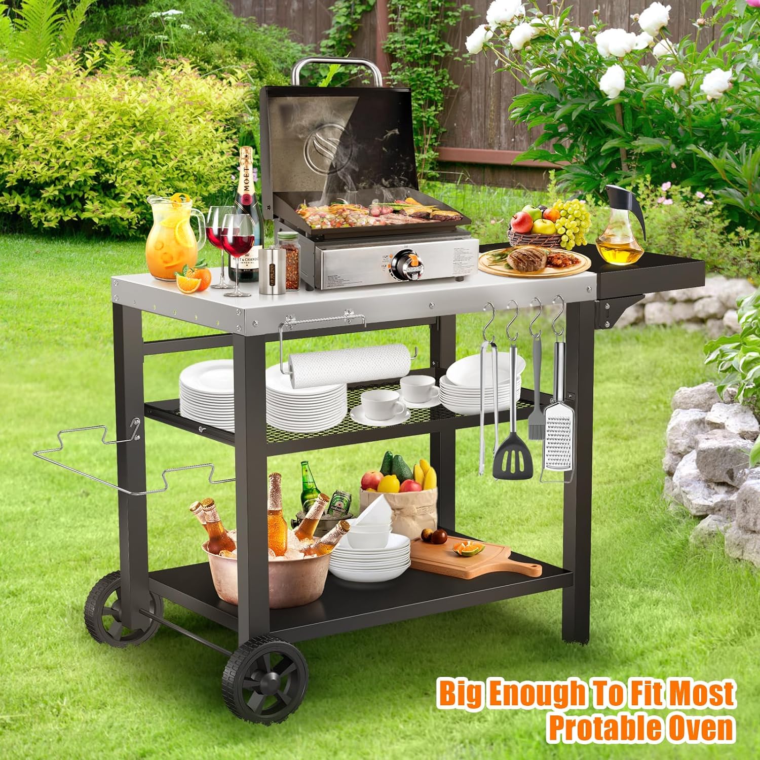 Outdoor Grill Cart with Three-Shelf Food Prep Table and Drawer