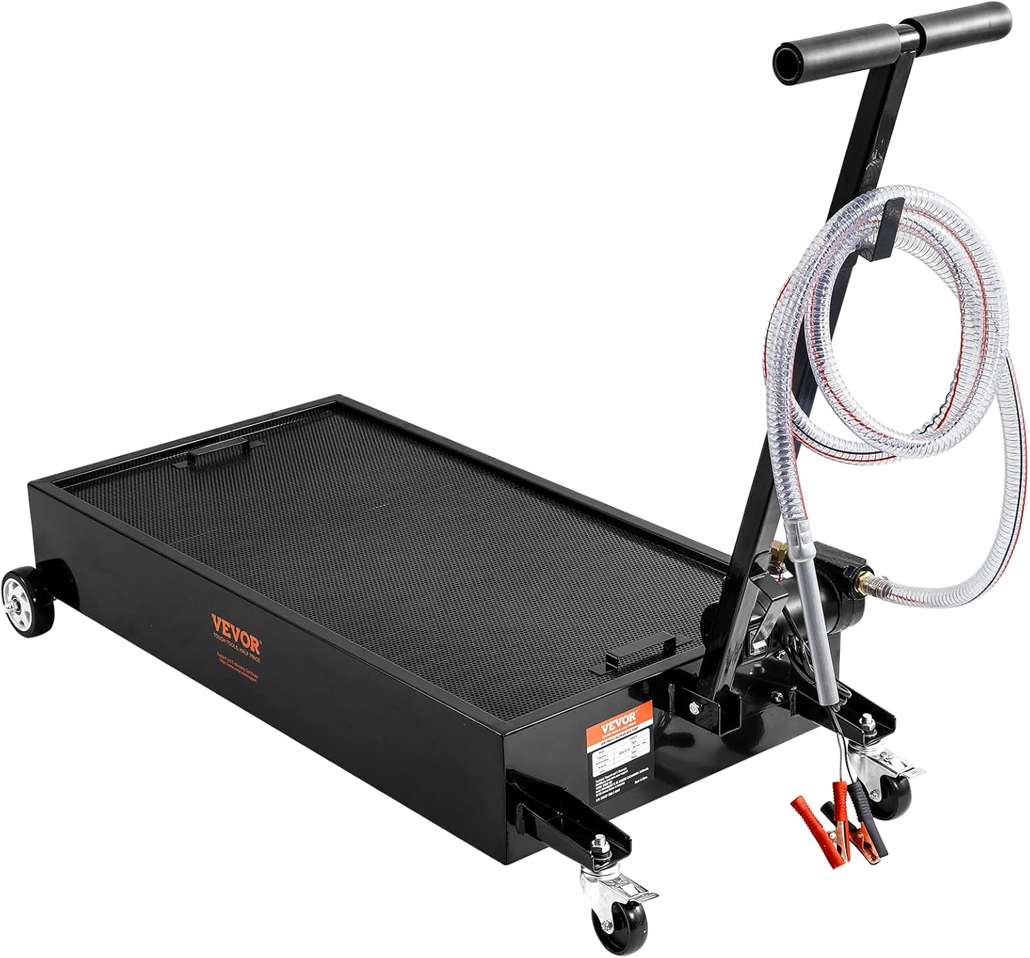 Low-Profile 15 Gallon Oil Drain Pan with 180W Electric Pump, Folding Handle & Wheels for Trucks, Buses, RVs