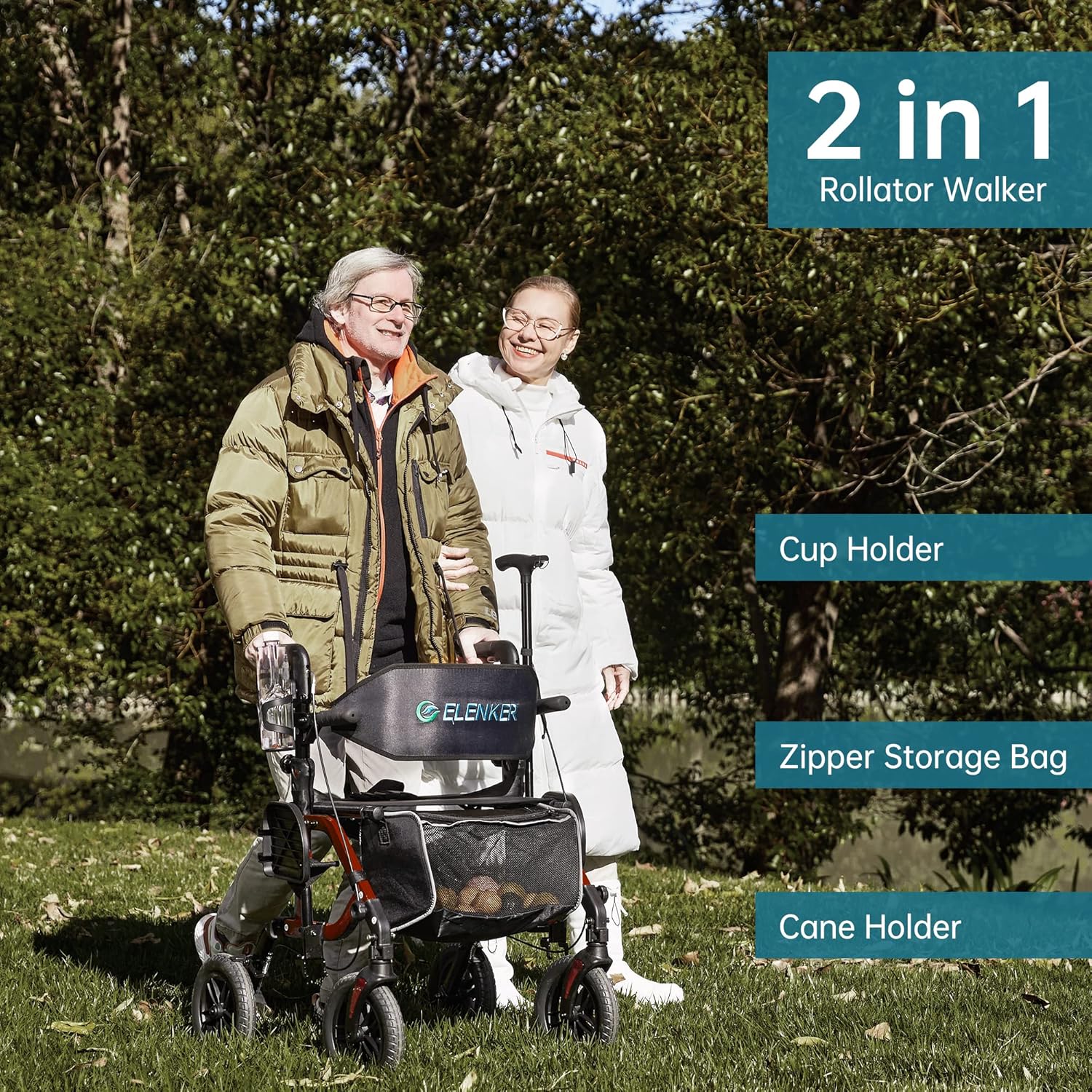 Blue All-Terrain 2-in-1 Rollator Walker & Transport Chair with 10   Non-Pneumatic Wheels, Folding Design, Reversible Backrest & Detachable Footrests for Seniors