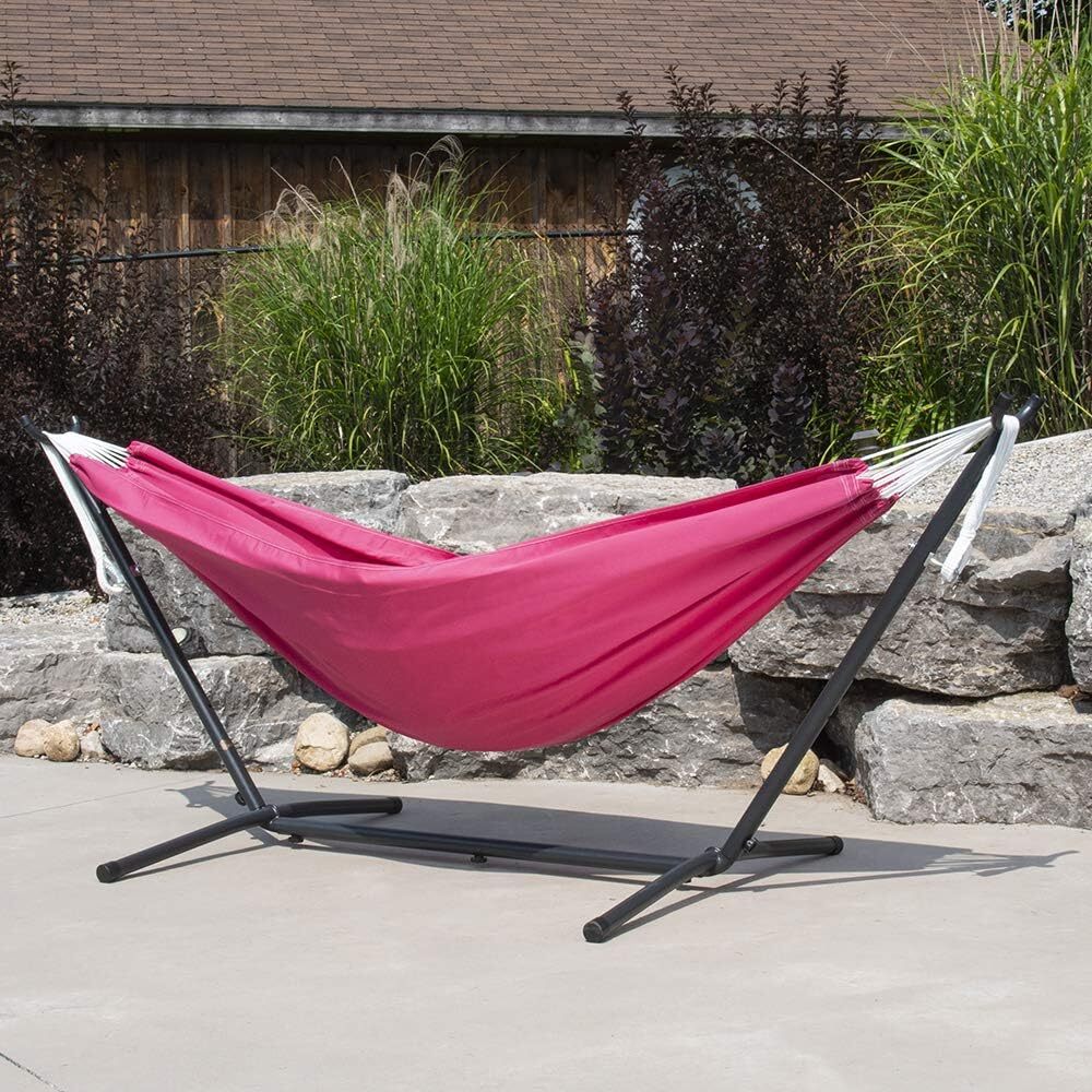Vivere Double Cotton Hammock with Steel Stand, 450 lb Capacity, Tropical Colors, Includes Premium Carry Bag