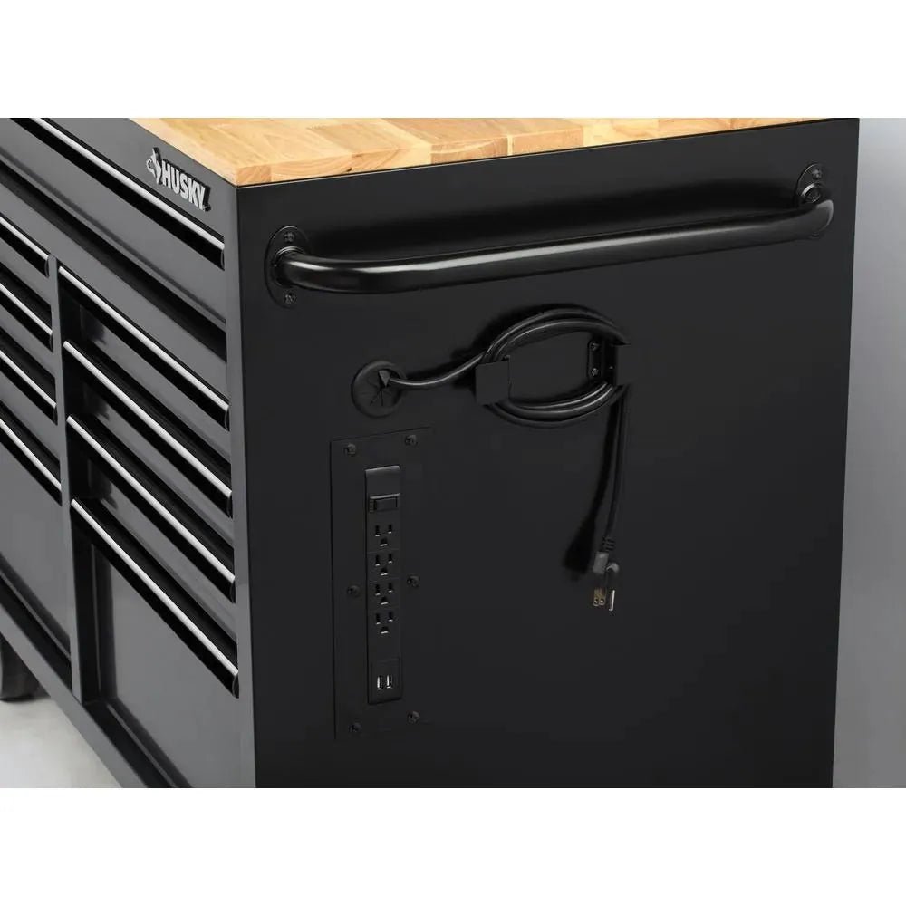 46 in. W x 24.5 in. D 9-Drawer Gloss Black Deep Tool Chest Mobile Workbench with Hardwood Top and Power Station