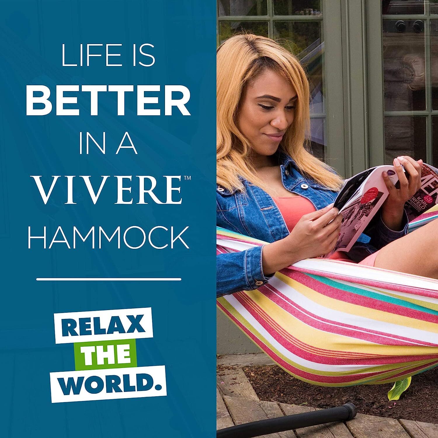 Vivere Double Cotton Hammock with Steel Stand, 450 lb Capacity, Tropical Colors, Includes Premium Carry Bag