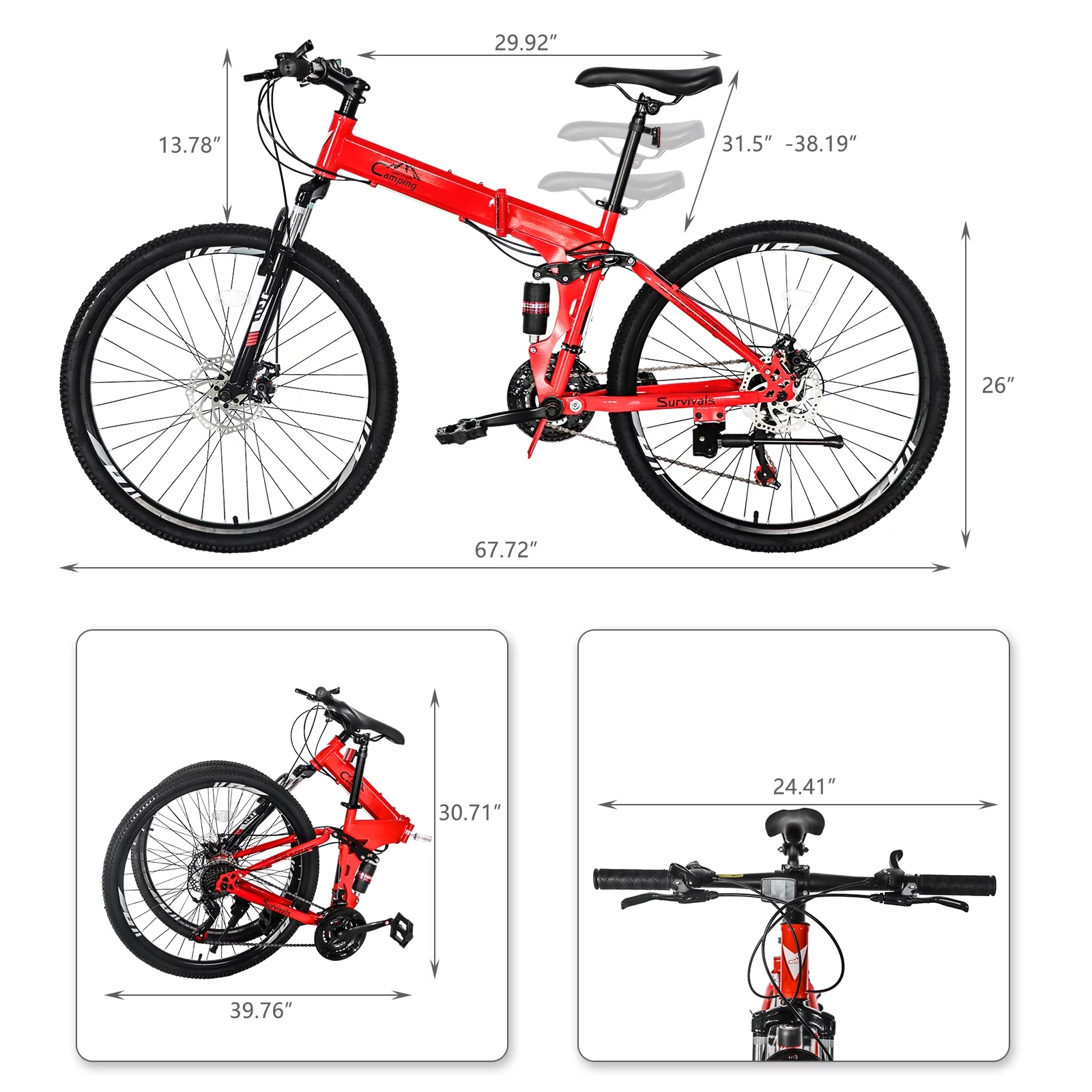 iRerts Mountain Bike, 26 Inch Folding Adult Mountain Bike with 21 Speed, Dual Disc Brakes, Cushion Height Adjustment, Carbon Steel Mountain Bicycles for Men Women Adults, Red/Black