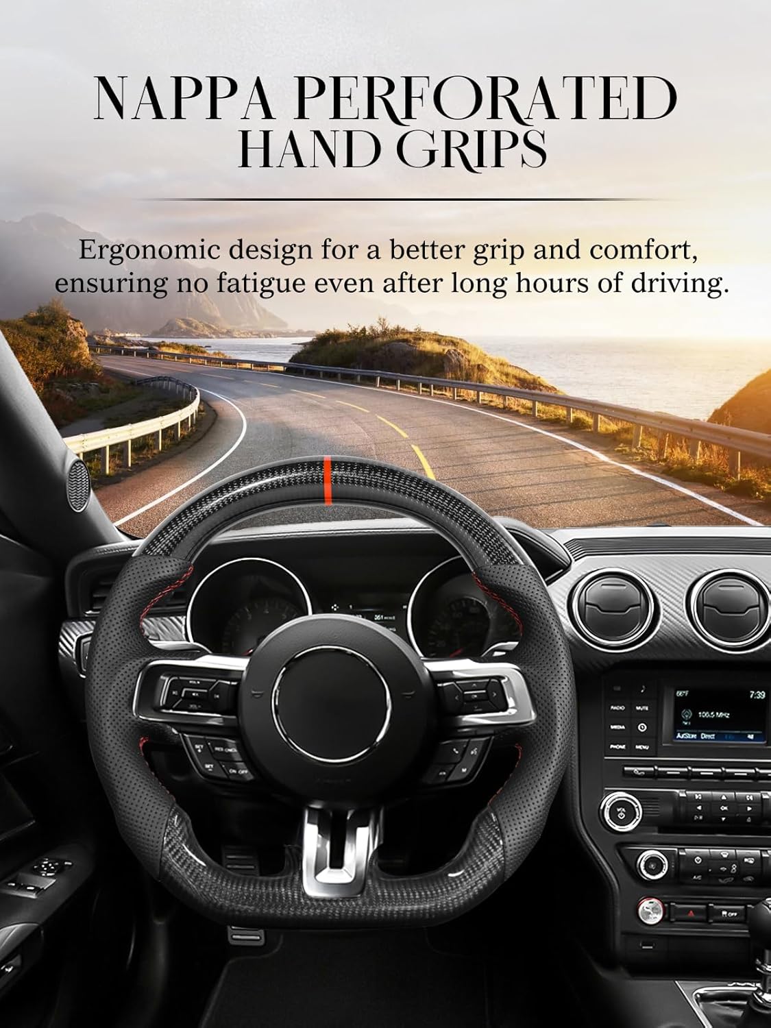 Carbon Fiber Steering Wheel for Ford Mustang 2018-2022 Nappa Perforated Leather with Hand Stitching D-shaped Steering Wheel for Mustang EcoBoost/GT for Shelby GT350/GT350R