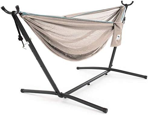 Vivere Double Cotton Hammock with Steel Stand, 450 lb Capacity, Tropical Colors, Includes Premium Carry Bag