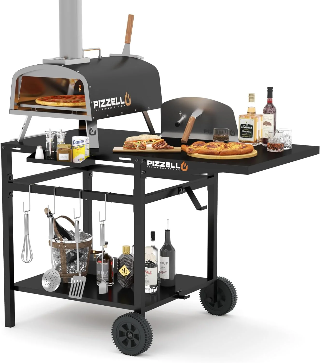Movable Outdoor Grill Cart with Double-Shelf Trolley and Foldable Tabletop