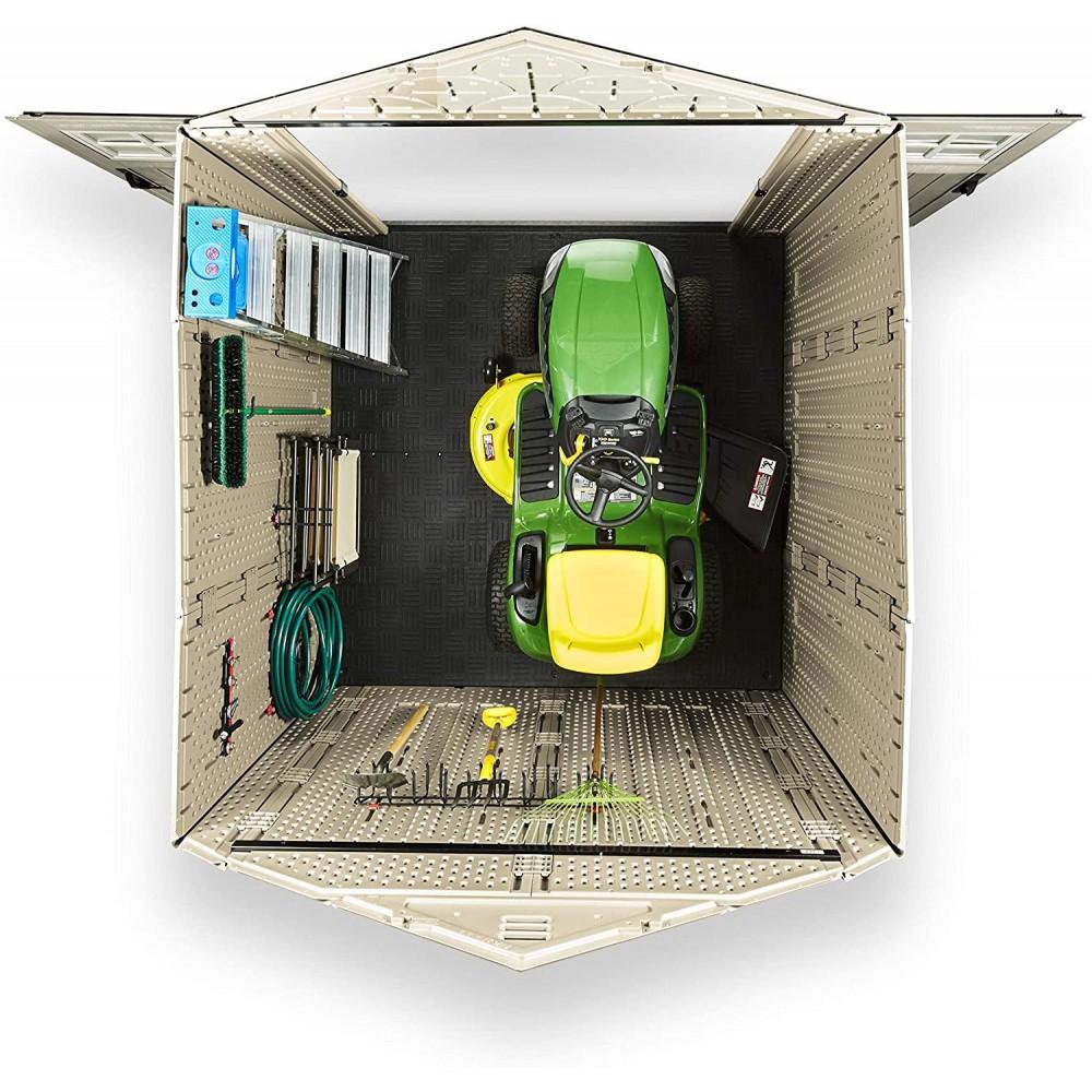 g Rubbermaid 7��7 Ft Durable Weather Resistant Resin Outdoor Garden Storage Shed with Windows and Utility Hooks, Sand