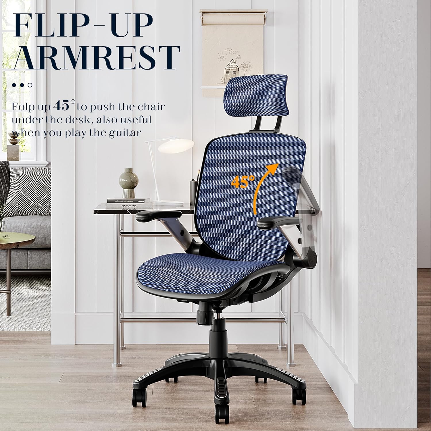 Ergonomic Mesh Office Chair, High Back Desk Chair - Adjustable Headrest with Flip-Up Arms, Tilt Function, Lumbar Support and PU Wheels, Swivel Computer Task Chair