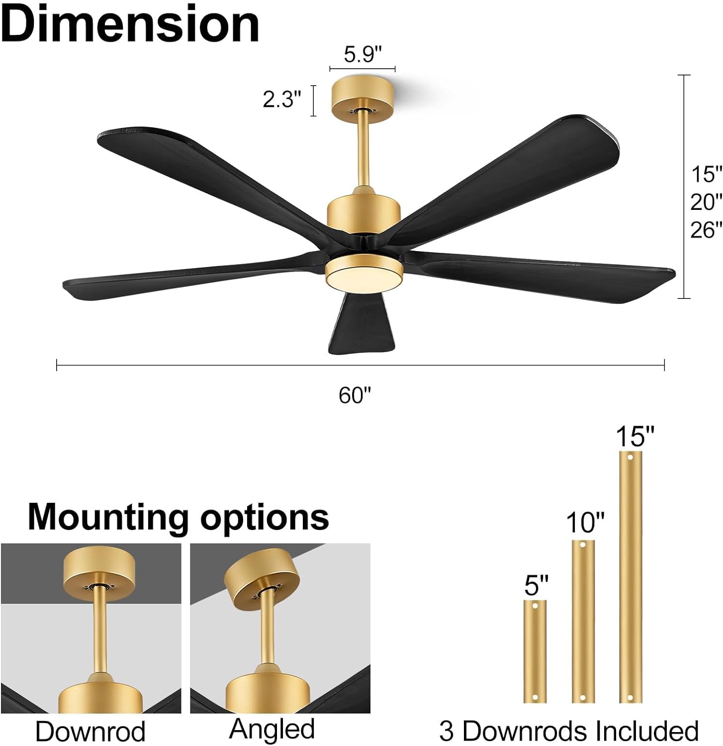 Ceiling Fans with Lights, 60 inch Outdoor Ceiling Fans with Lights for Patio and Remote Control, Modern Ceiling Fan with Light, 5 Solid Wood Blades 6-Speed Reversible DC Motor (Dark Brown)